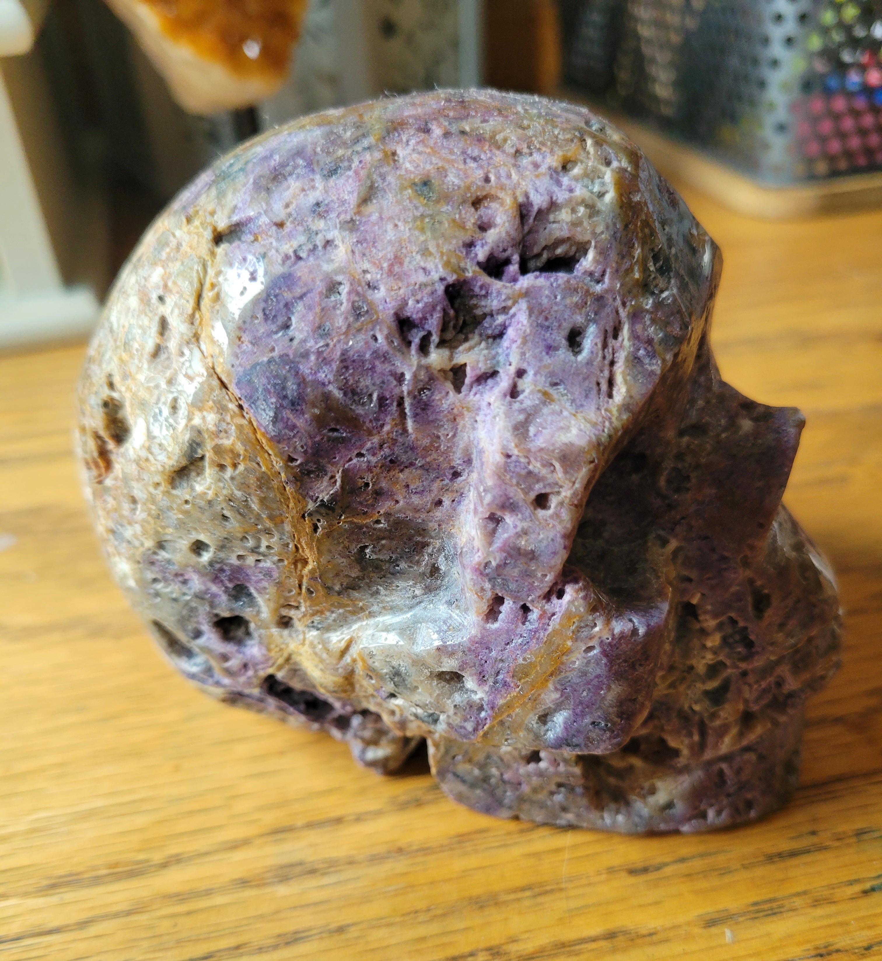 Purple Sphalerite Big Skull Crystal Carving, with Some Druzy! Beautiful!