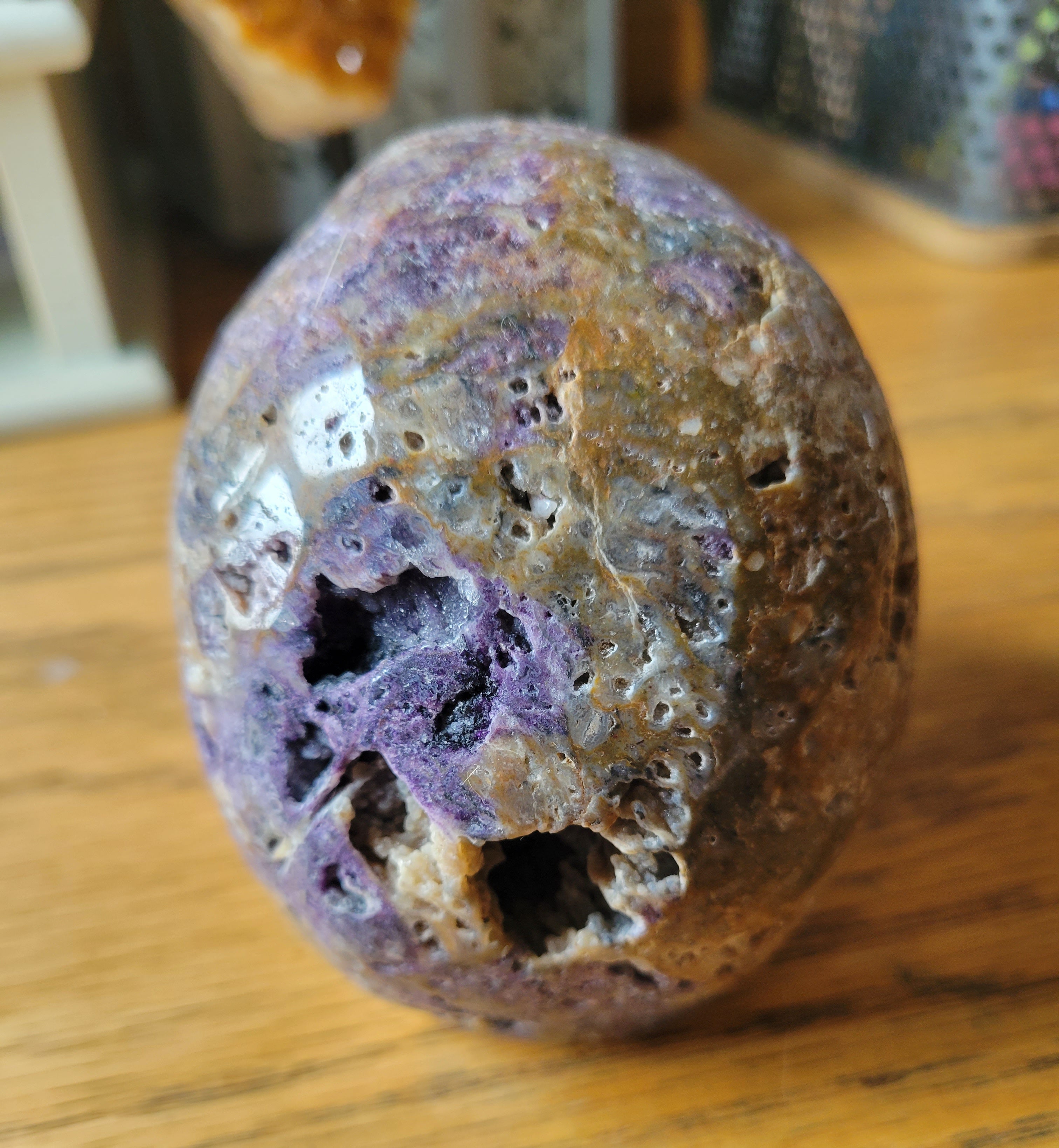 Purple Sphalerite Big Skull Crystal Carving, with Some Druzy! Beautiful!