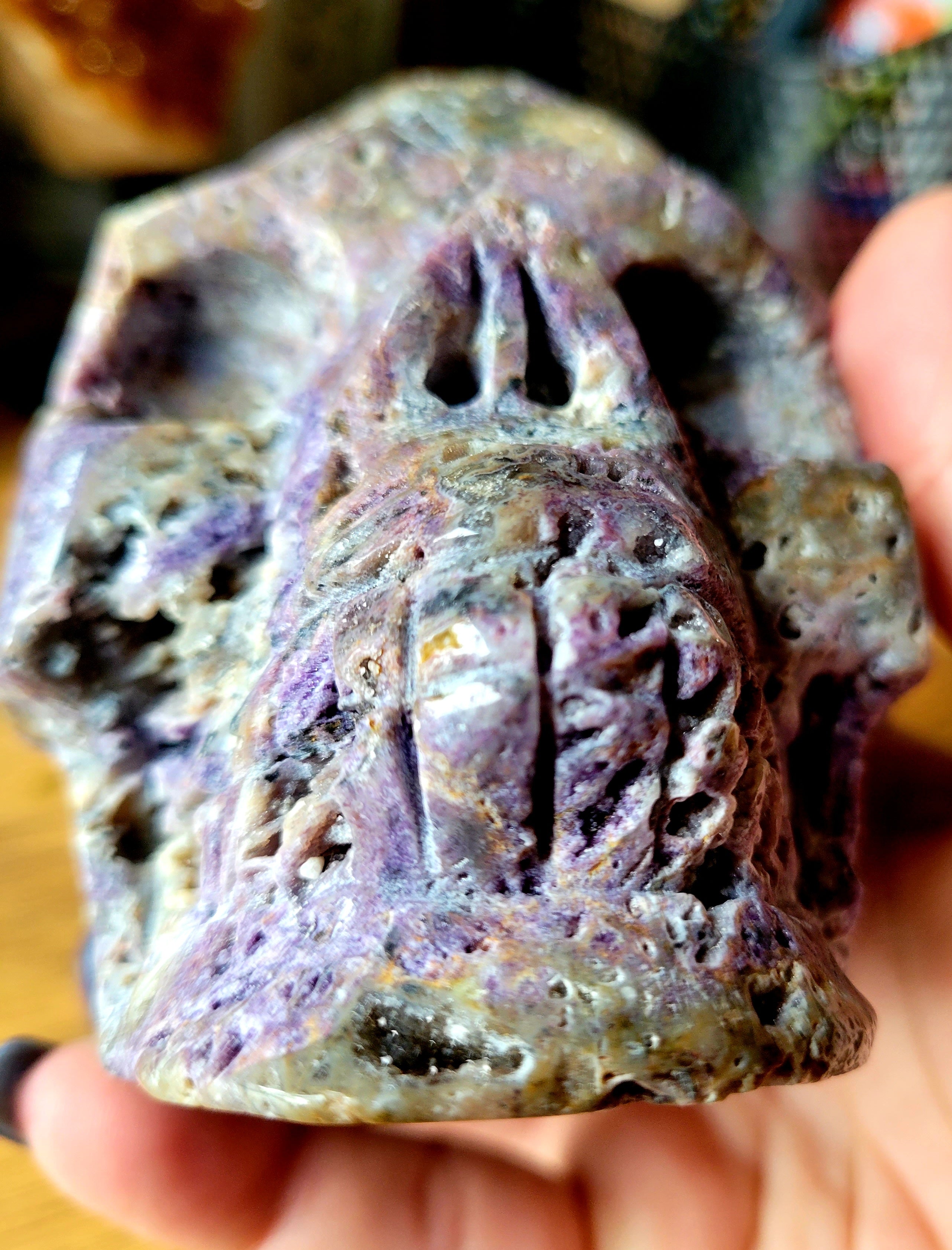 Purple Sphalerite Big Skull Crystal Carving, with Some Druzy! Beautiful!