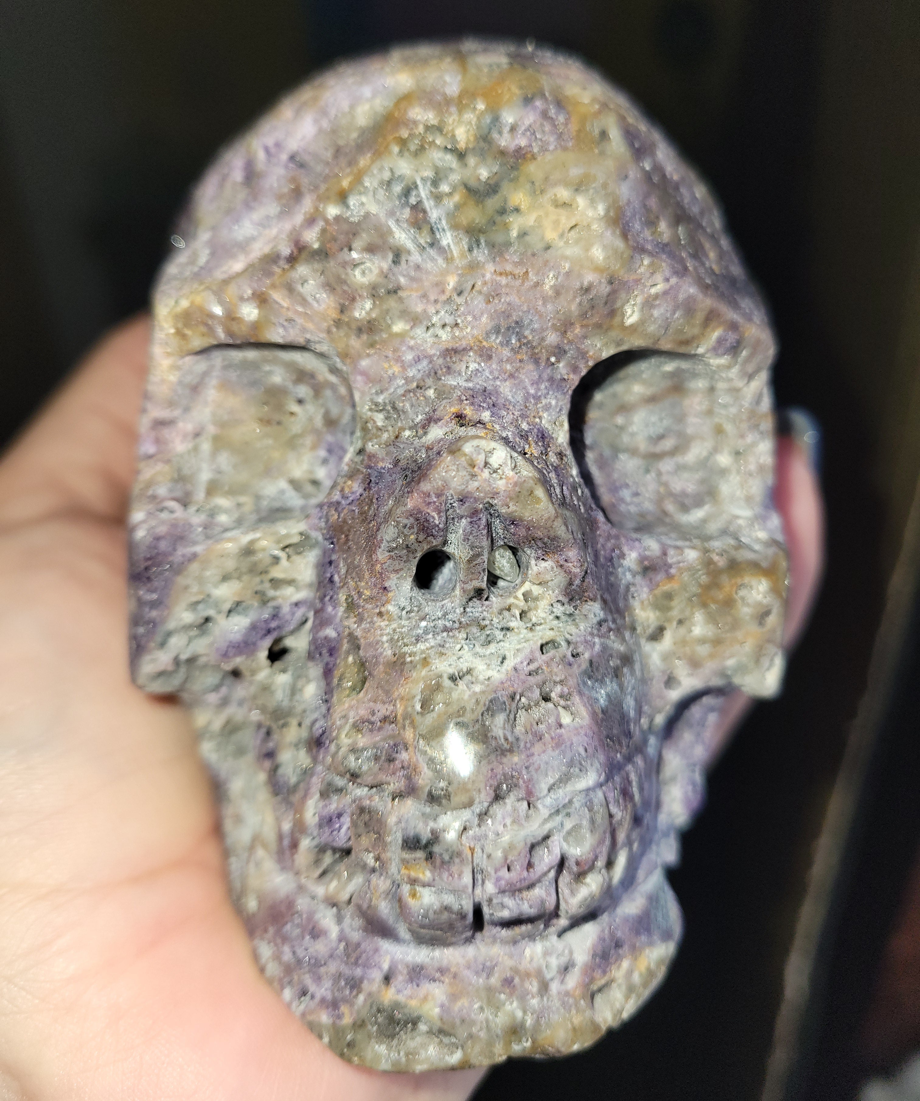 Purple Sphalerite Big Skull Crystal Carving, with Some Druzy! Beautiful!