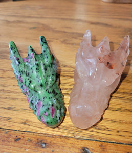 Fire Quartz & Ruby Zoisite Dragon Heads, Fire Dragon, Flying Dragon, Crystal Carvings, Stunning!