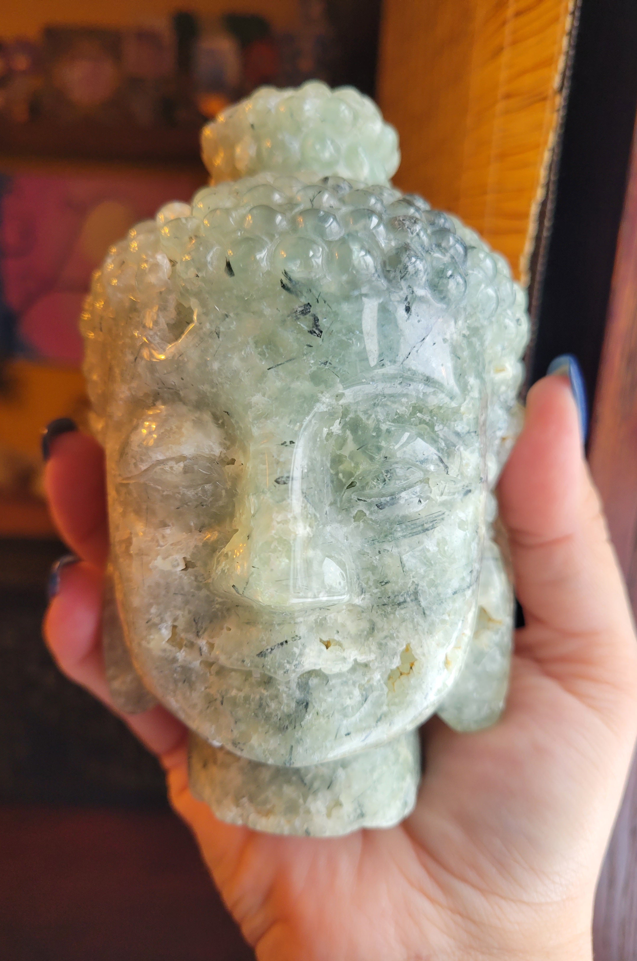 Prehnite Big Buddha Head Crystal Carving, Gorgeous!