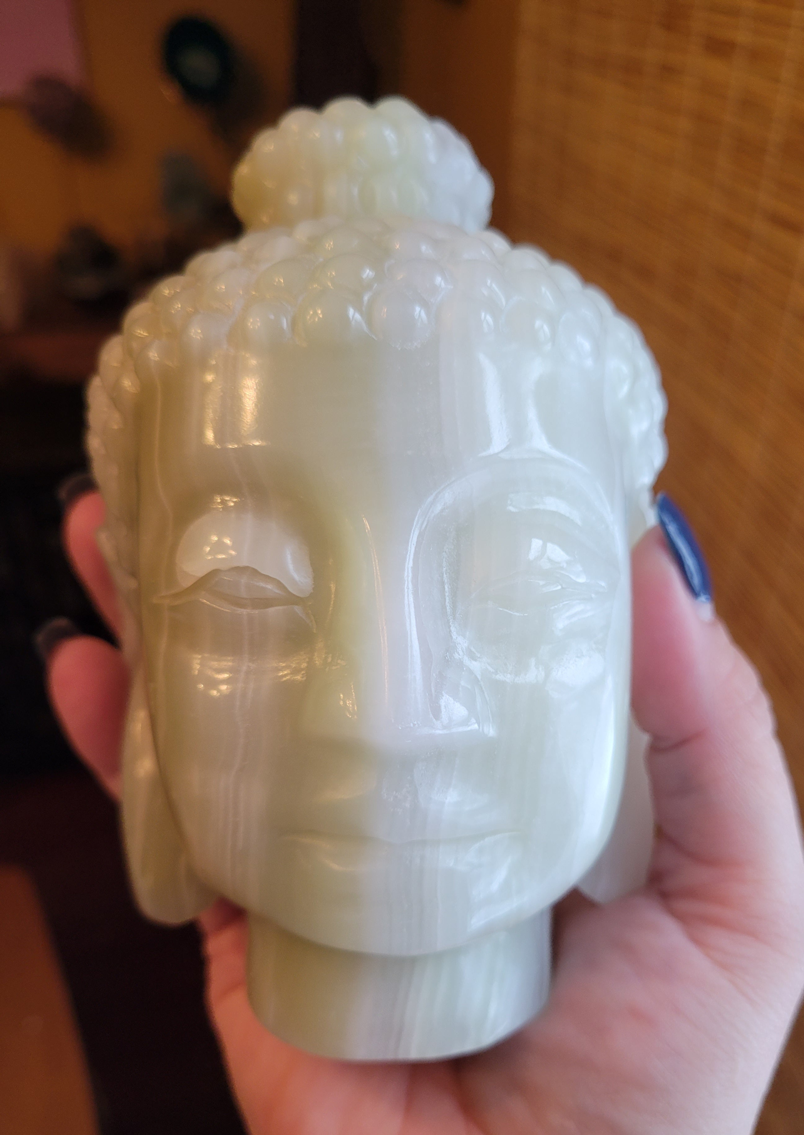 Pistachio Onyx Big Buddha Head Crystal Carving, Beautiful!