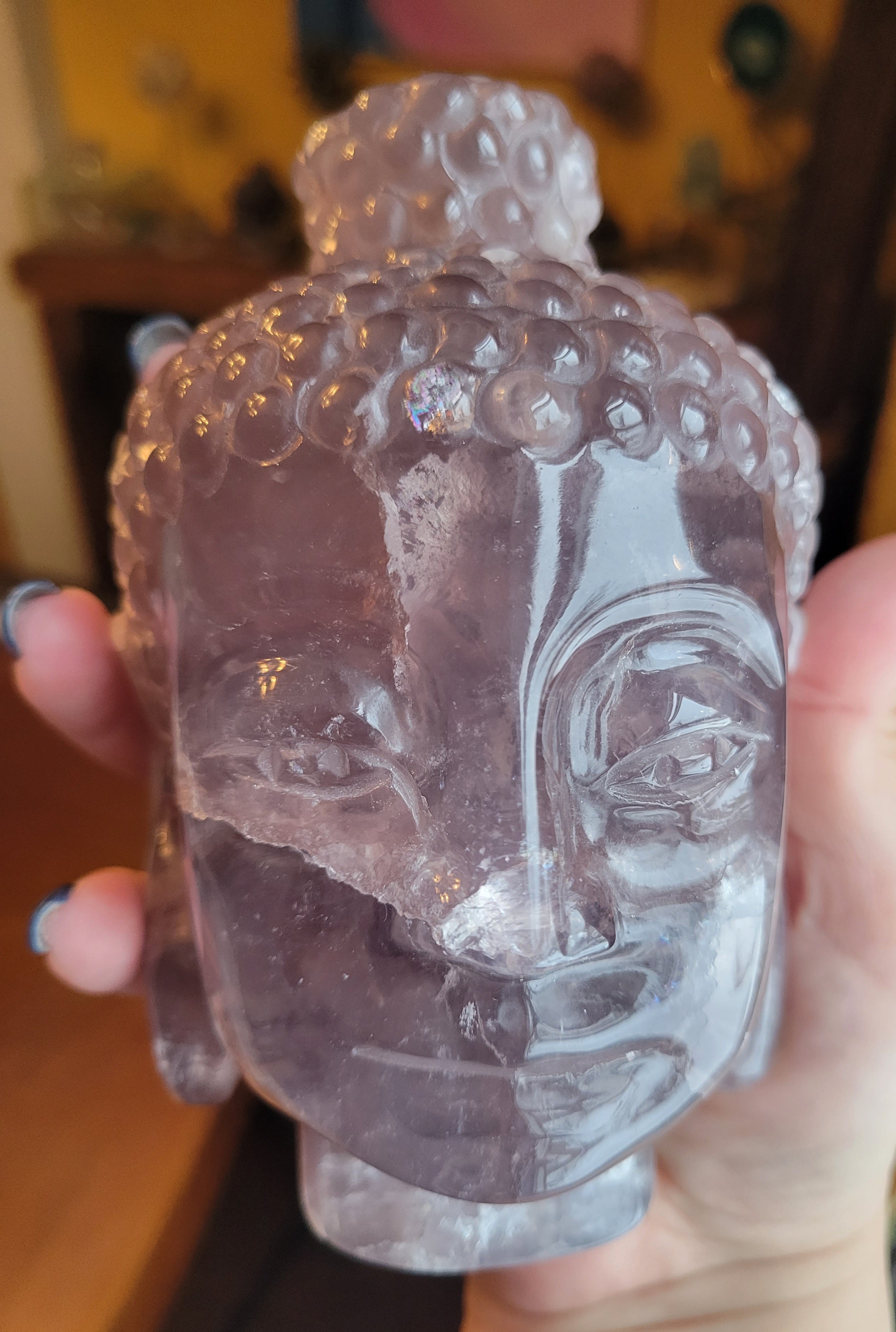 Purple Fluorite Big Buddha Head Crystal Carving, with Rainbows! Stunning!