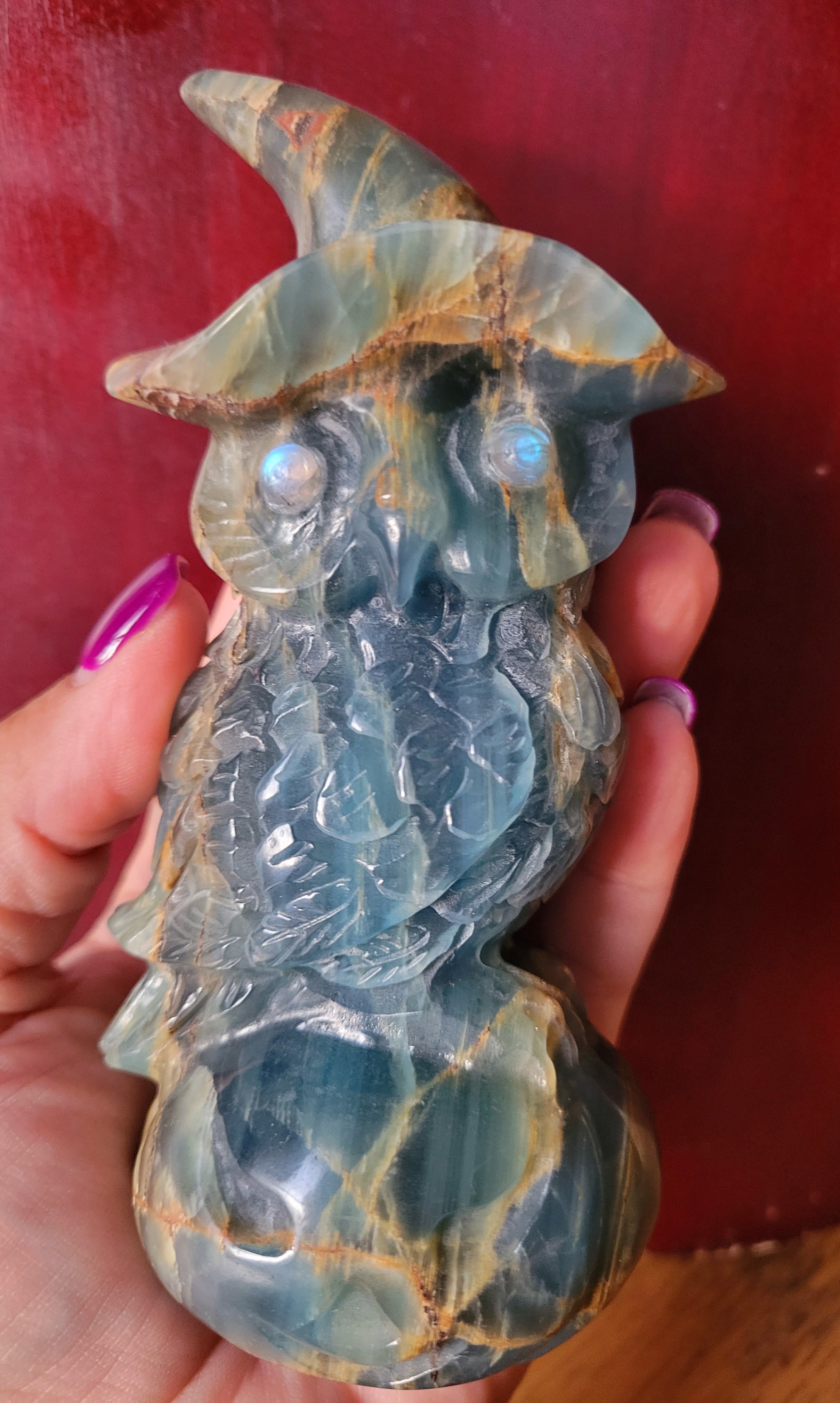 Blue Onyx Owl with Beautiful Banding and Labradorite Eyes, Crystal Carving, Stunning!