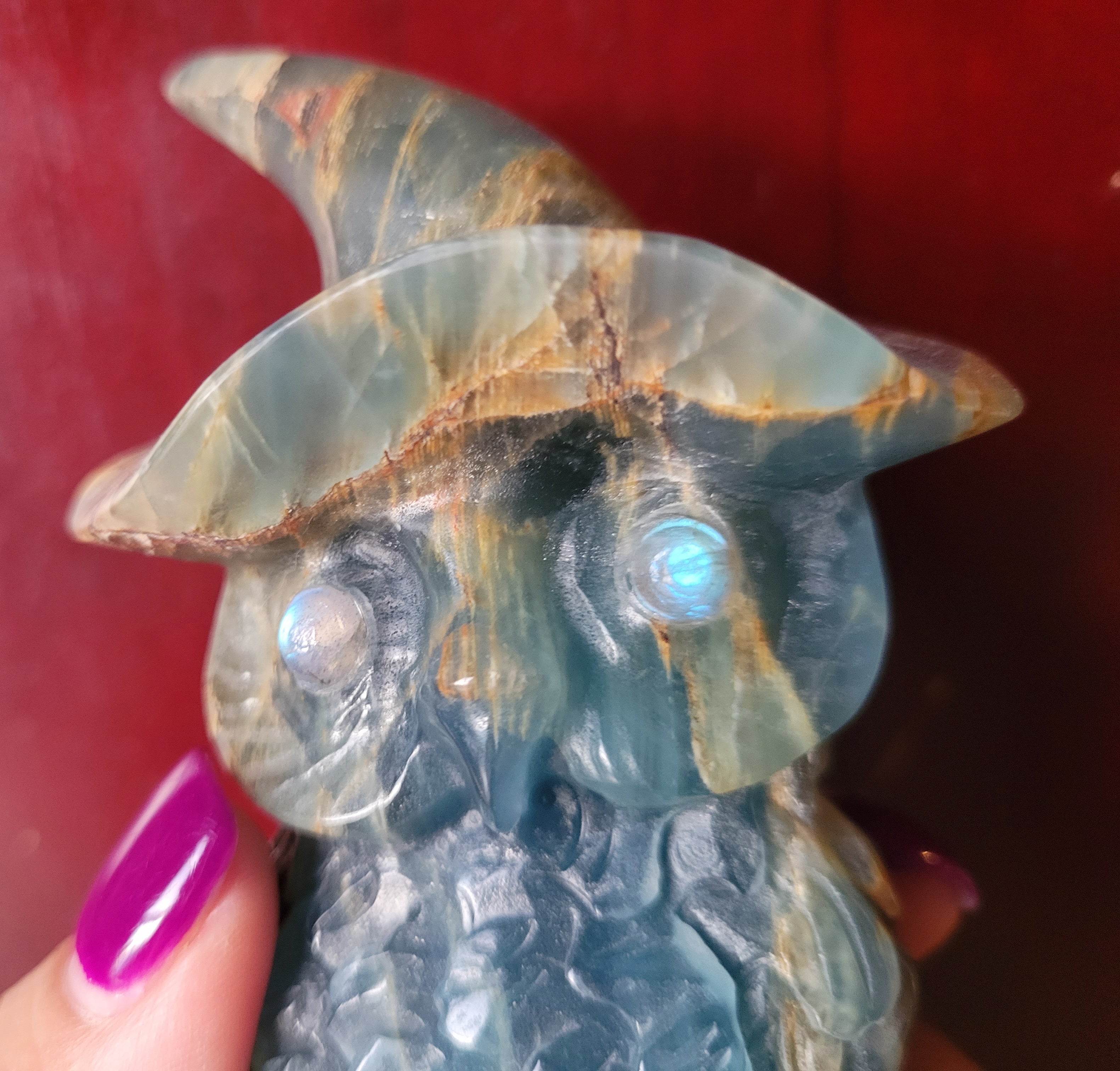 Blue Onyx Owl with Beautiful Banding and Labradorite Eyes, Crystal Carving, Stunning!