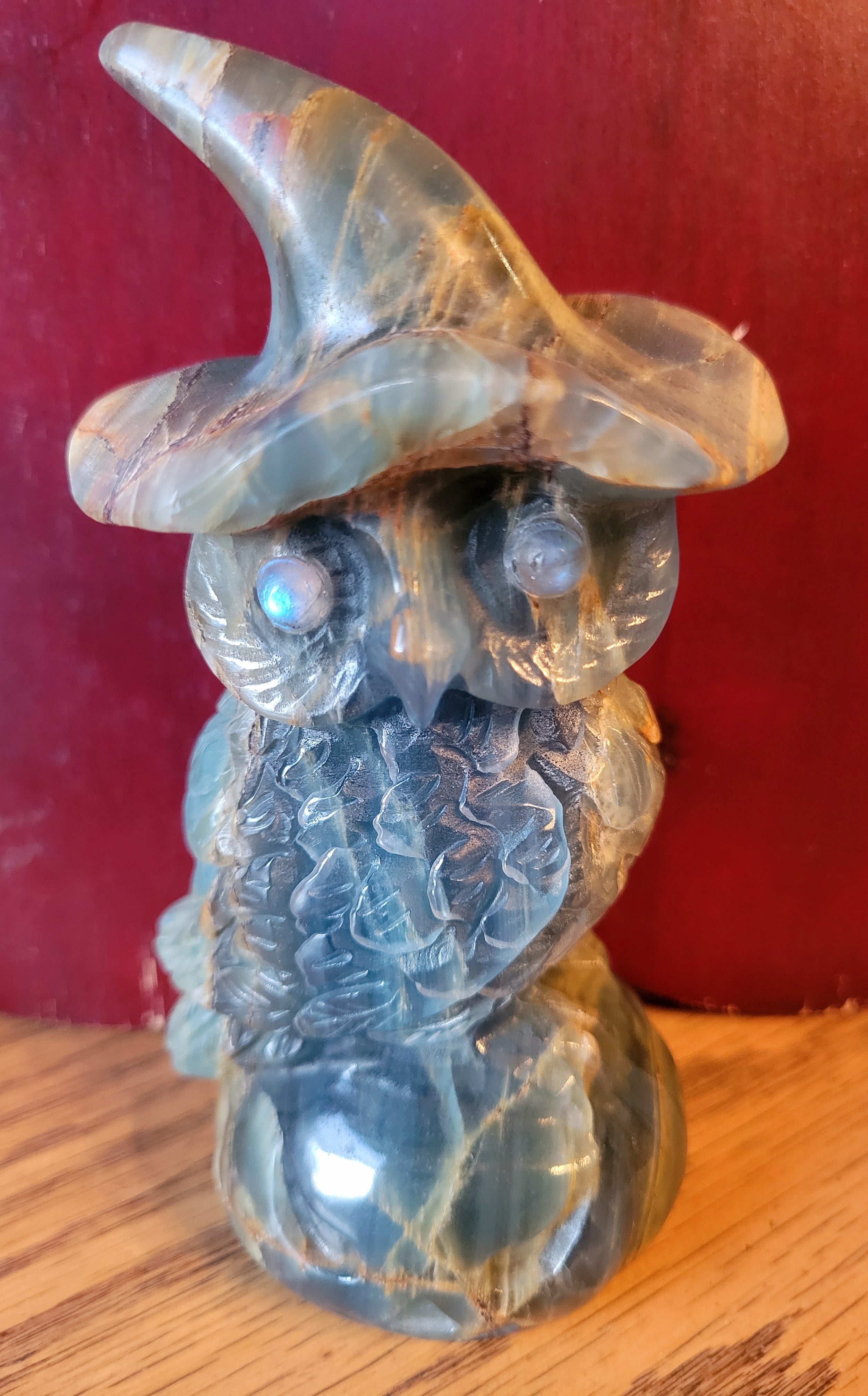 Blue Onyx Owl with Beautiful Banding and Labradorite Eyes, Crystal Carving, Stunning!