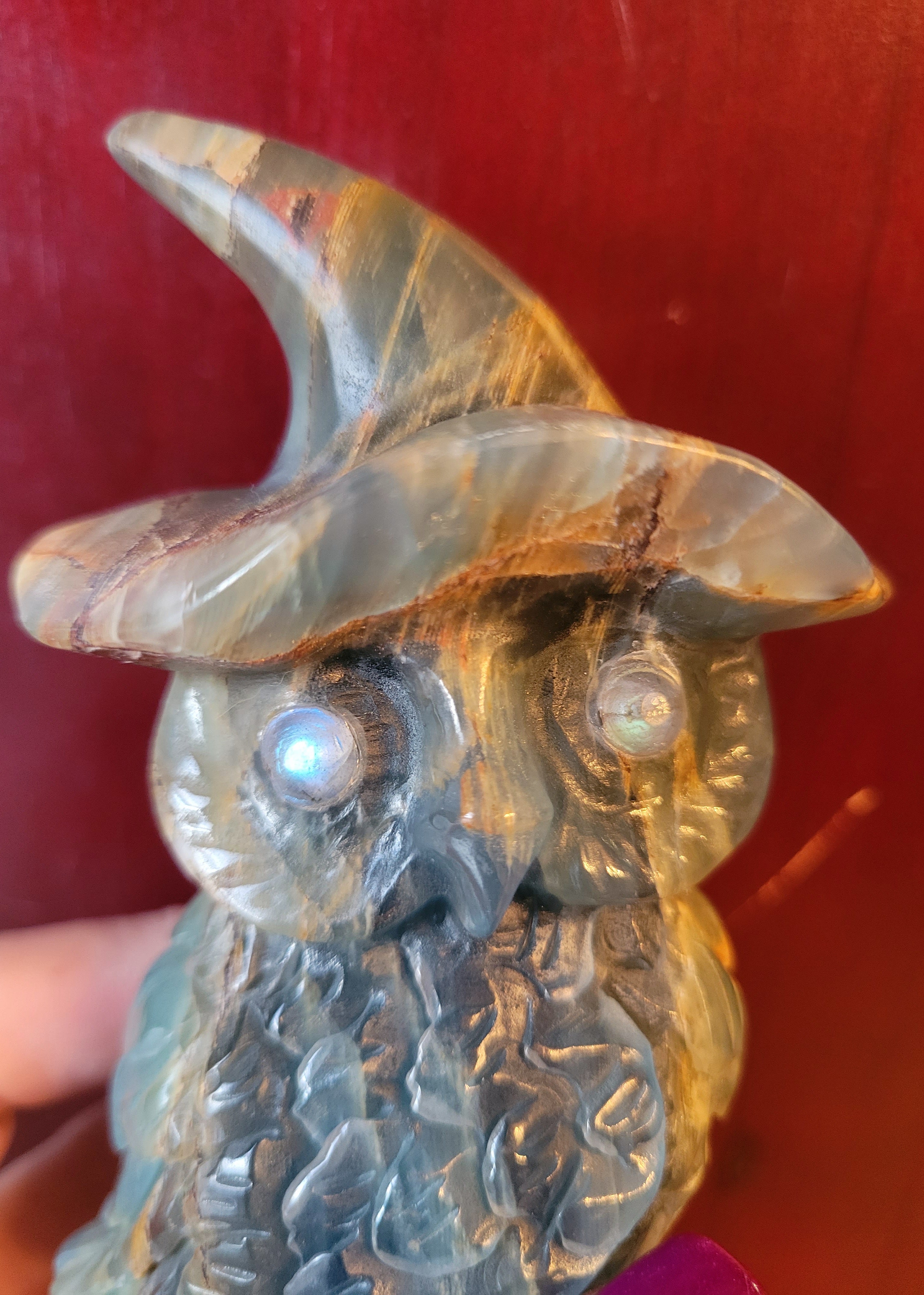 Blue Onyx Owl with Beautiful Banding and Labradorite Eyes, Crystal Carving, Stunning!