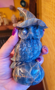 Blue Onyx Owl with Beautiful Banding and Labradorite Eyes, Crystal Carving, Stunning!