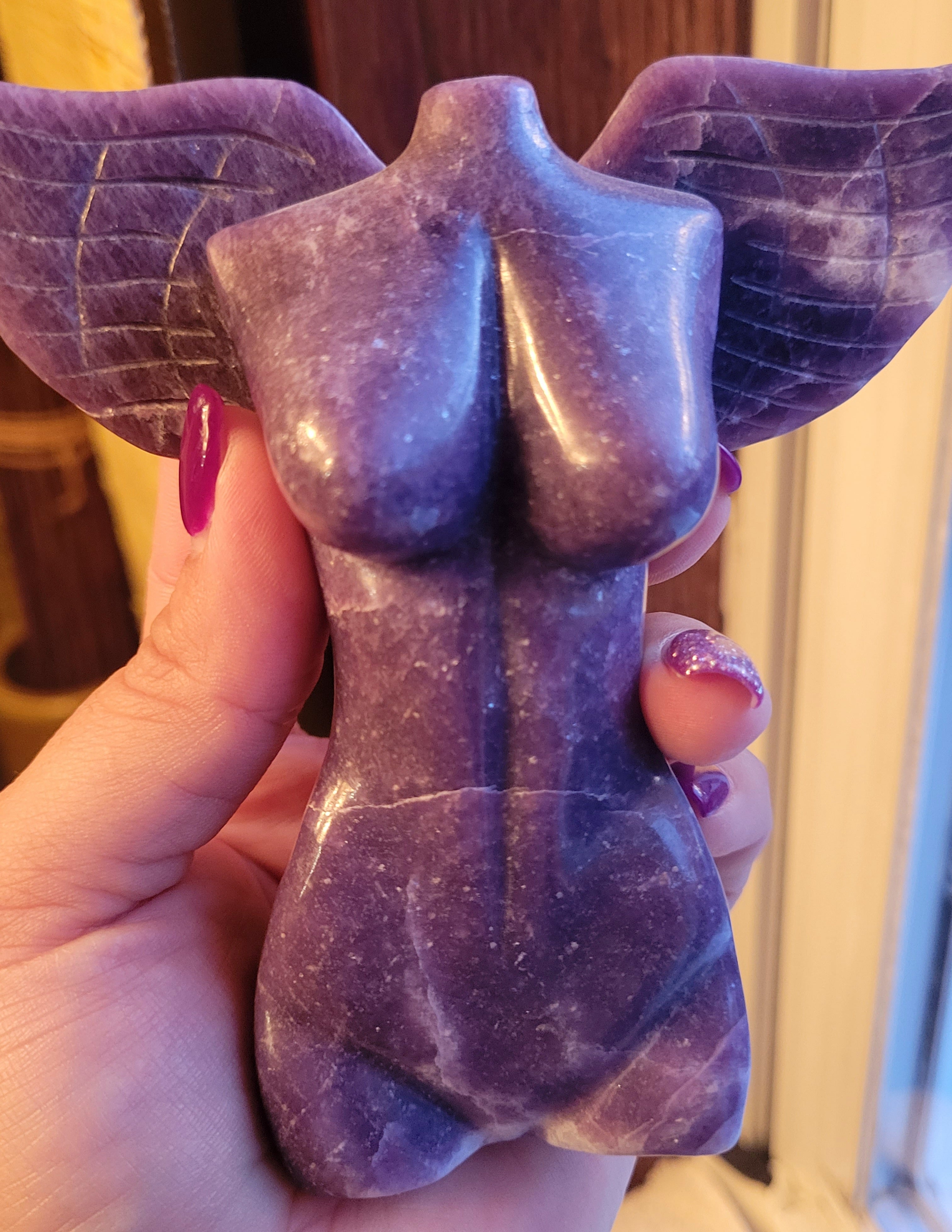 Lepidolite Fairy, Angel, Body with Wings, Woman, Goddess, Crystal Carving, With Druzy and Quartz! Stunning!