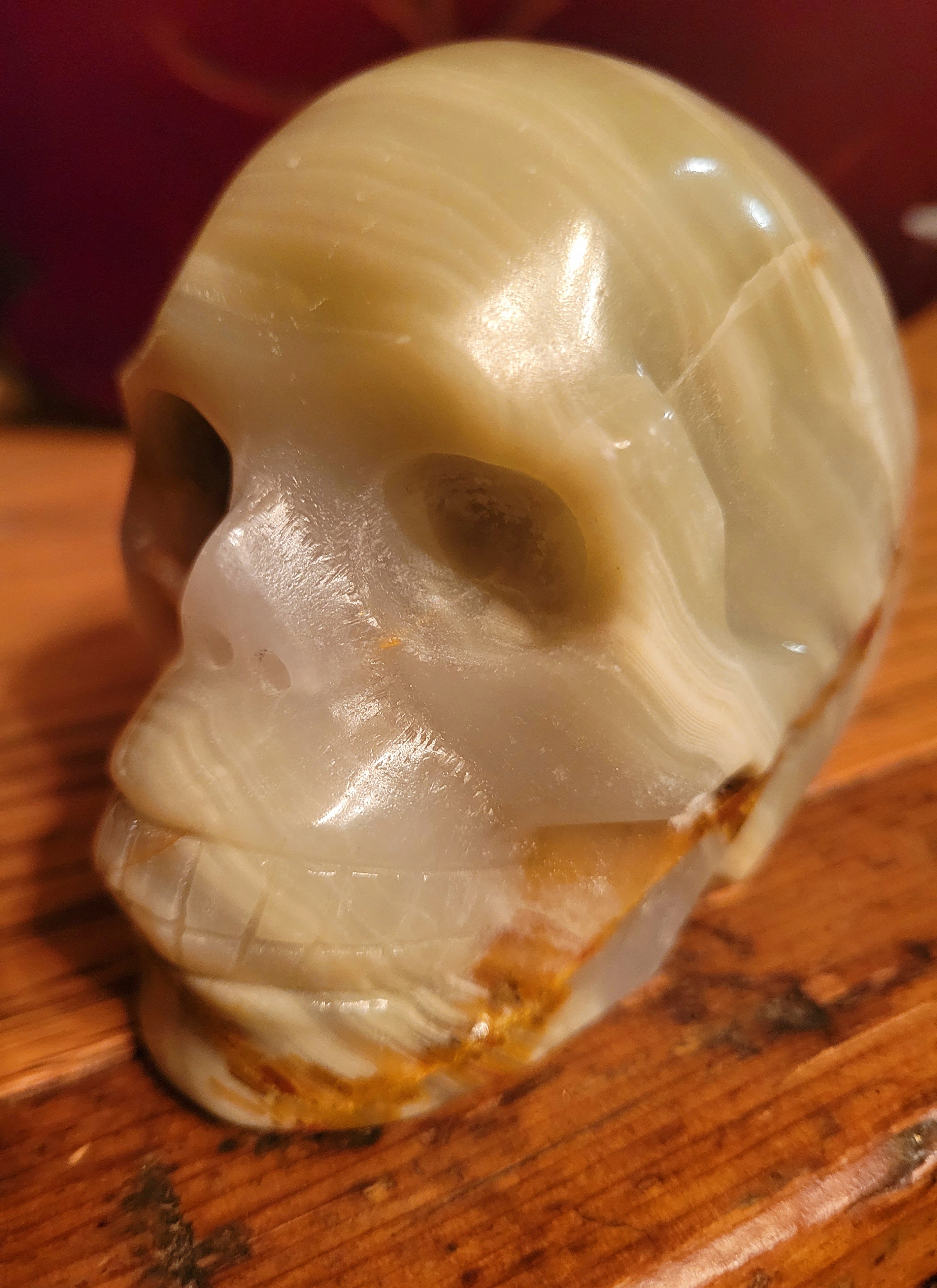 Green Onyx Skull with Beautiful Banding, Crystal Carving, Gorgeous!