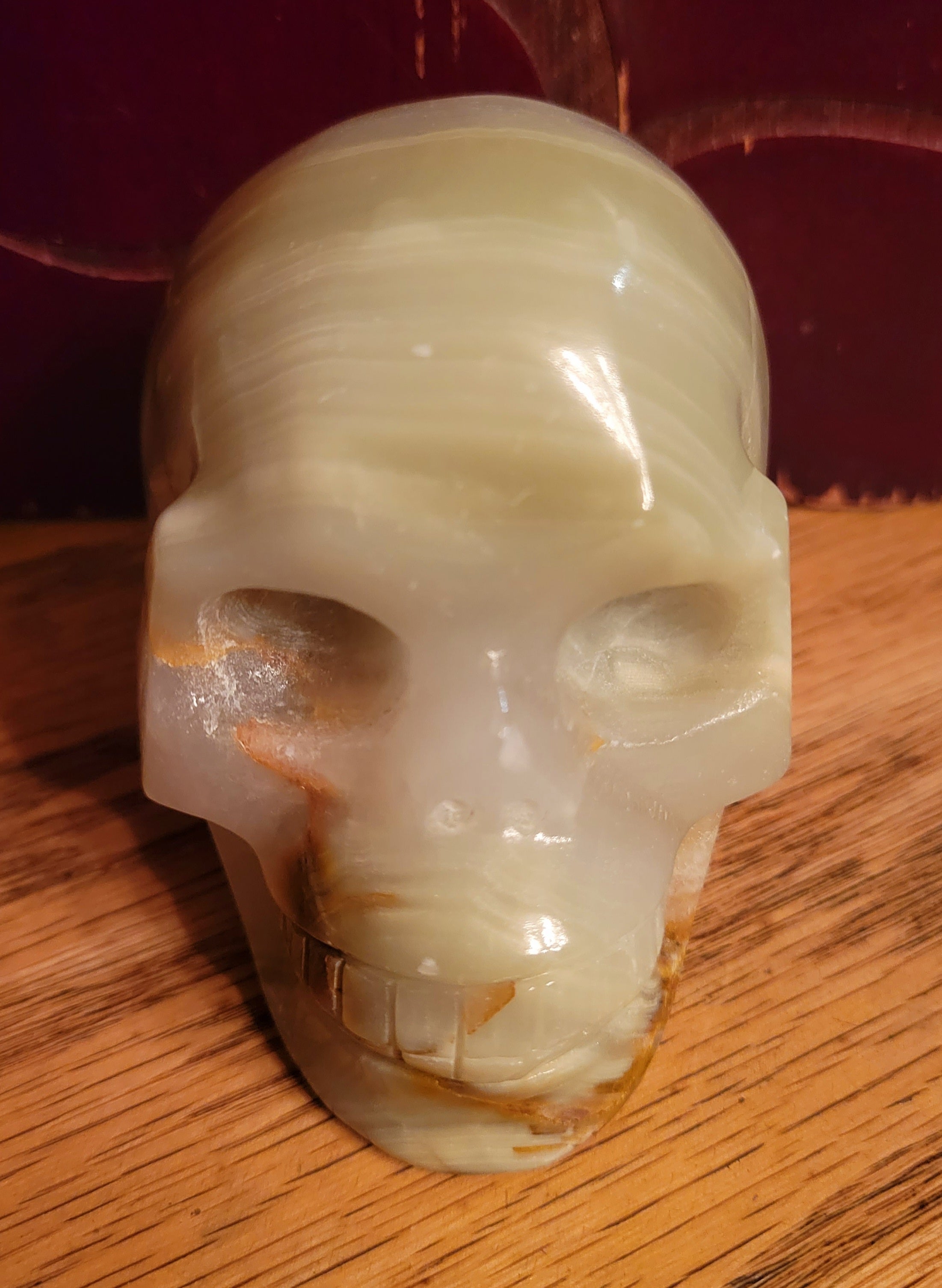 Green Onyx Skull with Beautiful Banding, Crystal Carving, Gorgeous!