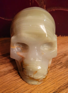 Green Onyx Skull with Beautiful Banding, Crystal Carving, Gorgeous!