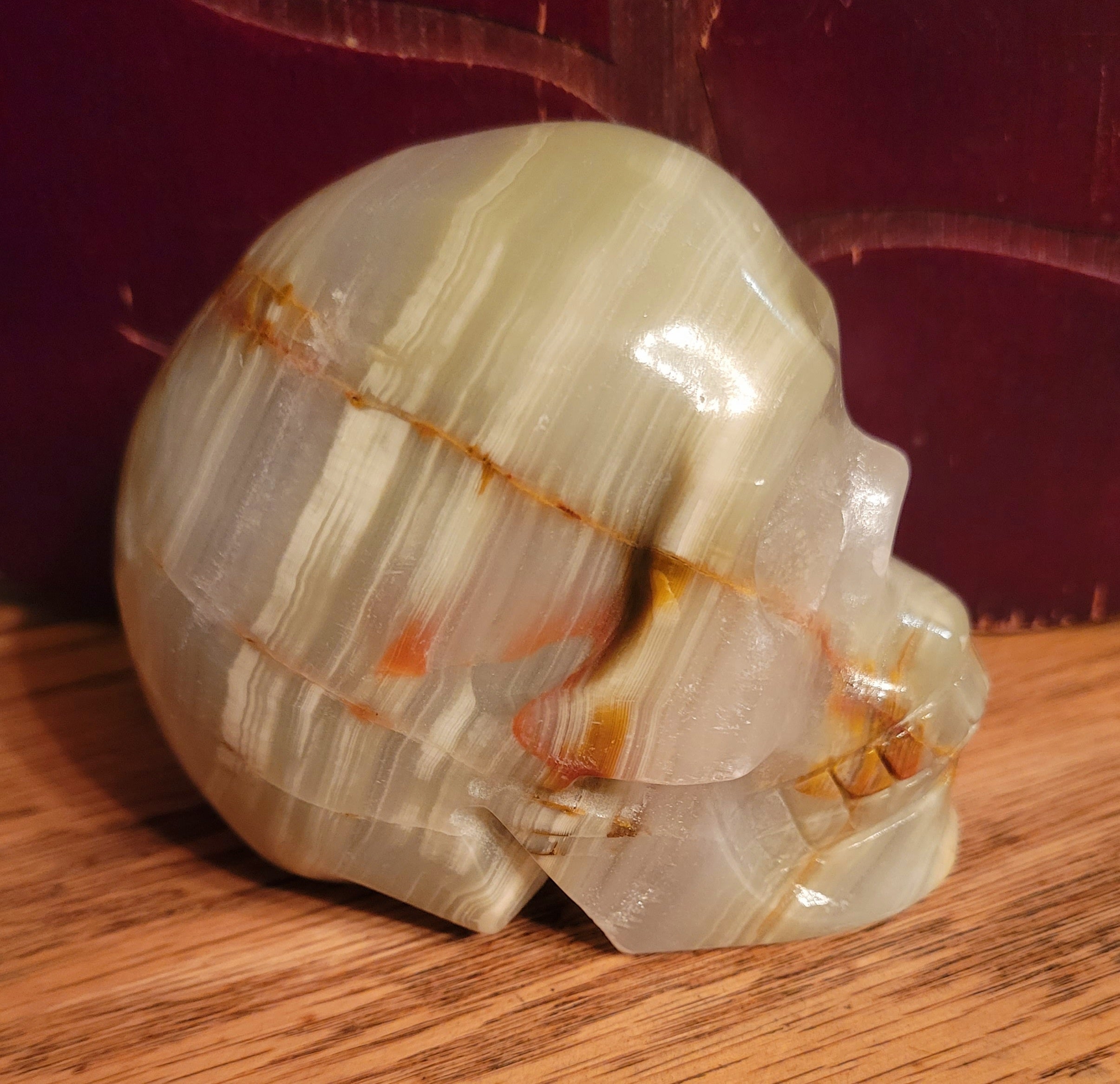 Green Onyx Skull with Beautiful Banding, Crystal Carving, Gorgeous!