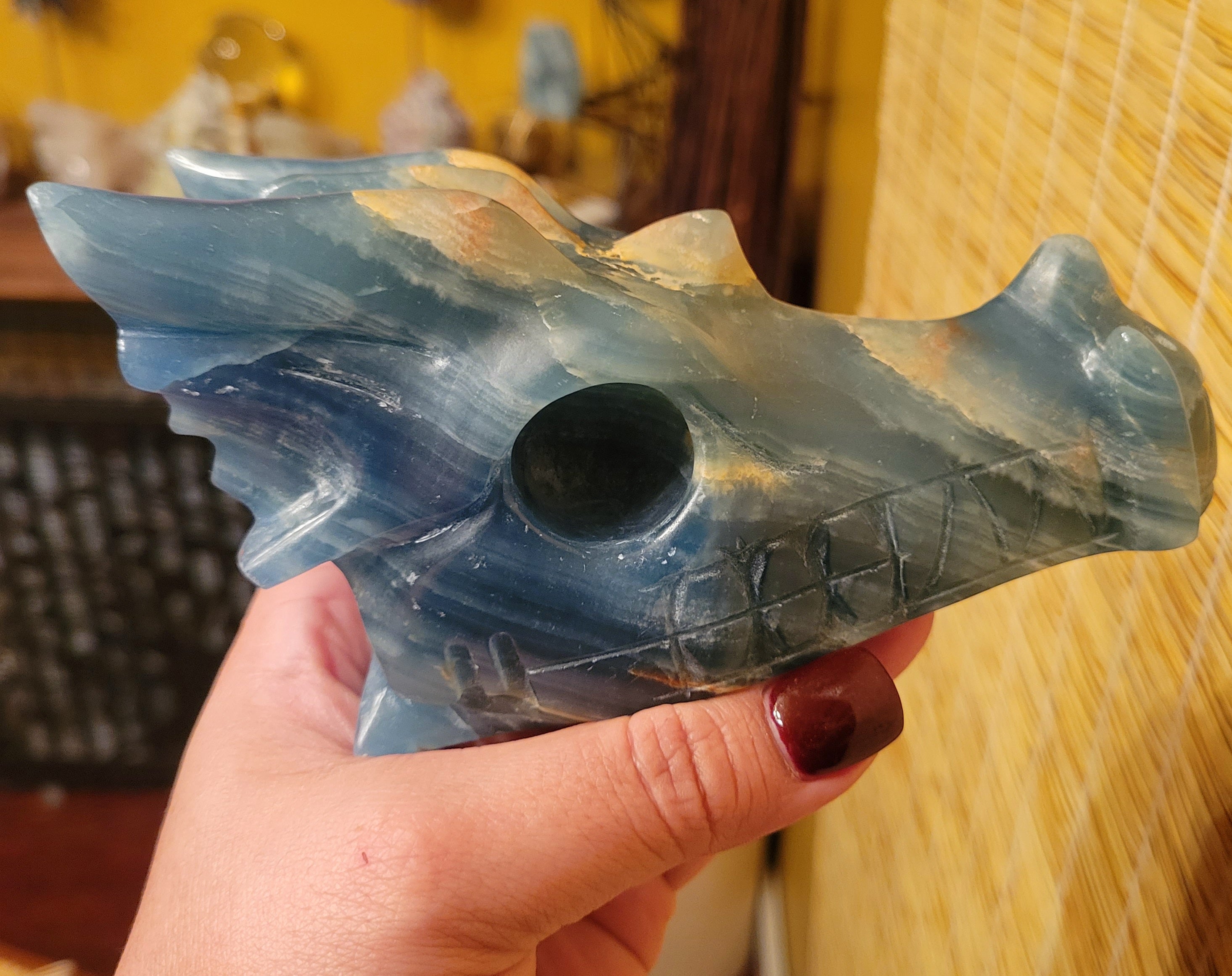 Blue Onyx Large Dragon Head, Fire Dragon, Flying Dragon, Crystal Carving With Beautiful Banding, Stunning!