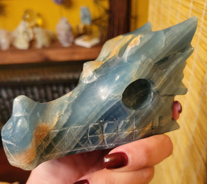 Blue Onyx Large Dragon Head, Fire Dragon, Flying Dragon, Crystal Carving With Beautiful Banding, Stunning!