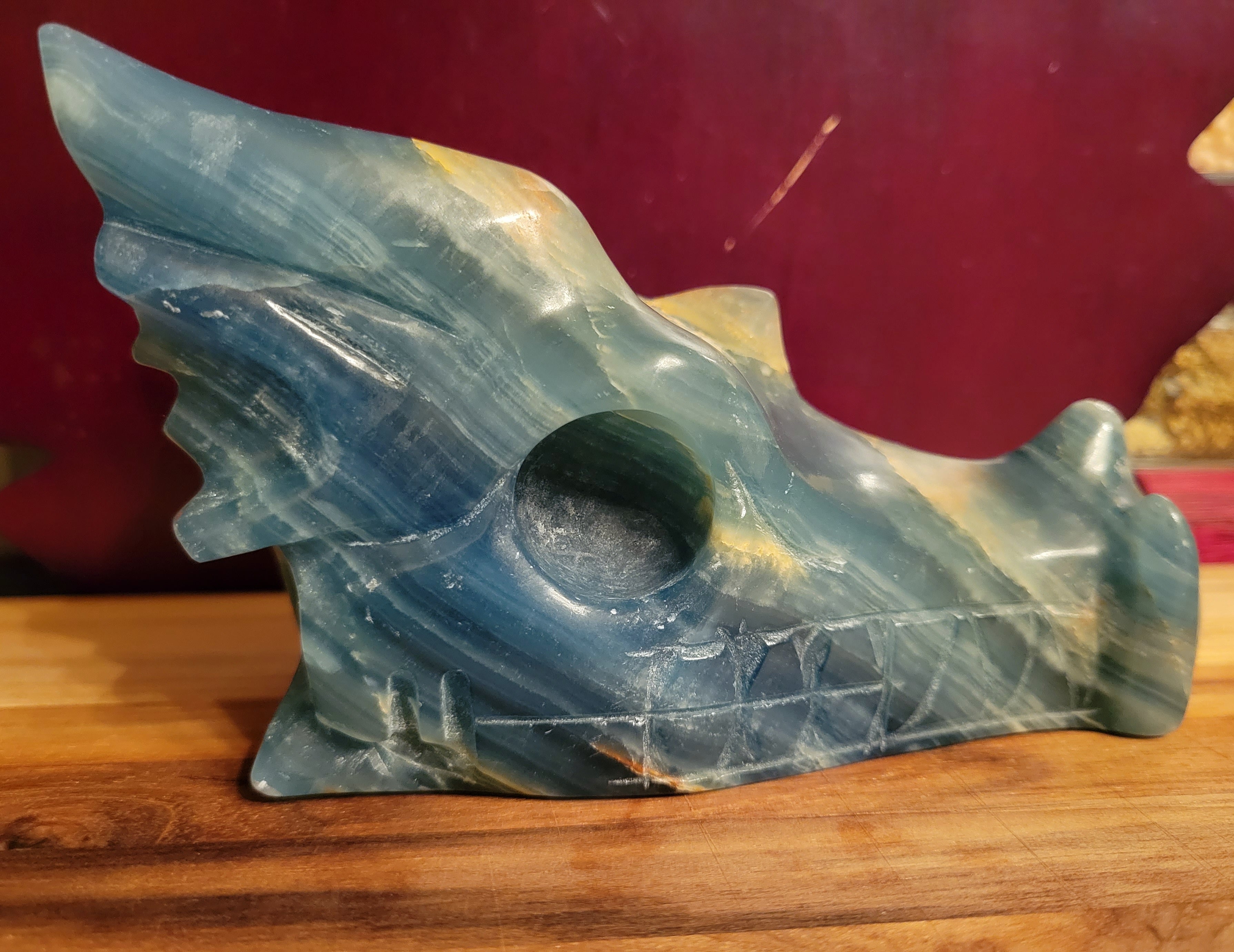 Blue Onyx Large Dragon Head, Fire Dragon, Flying Dragon, Crystal Carving With Beautiful Banding, Stunning!