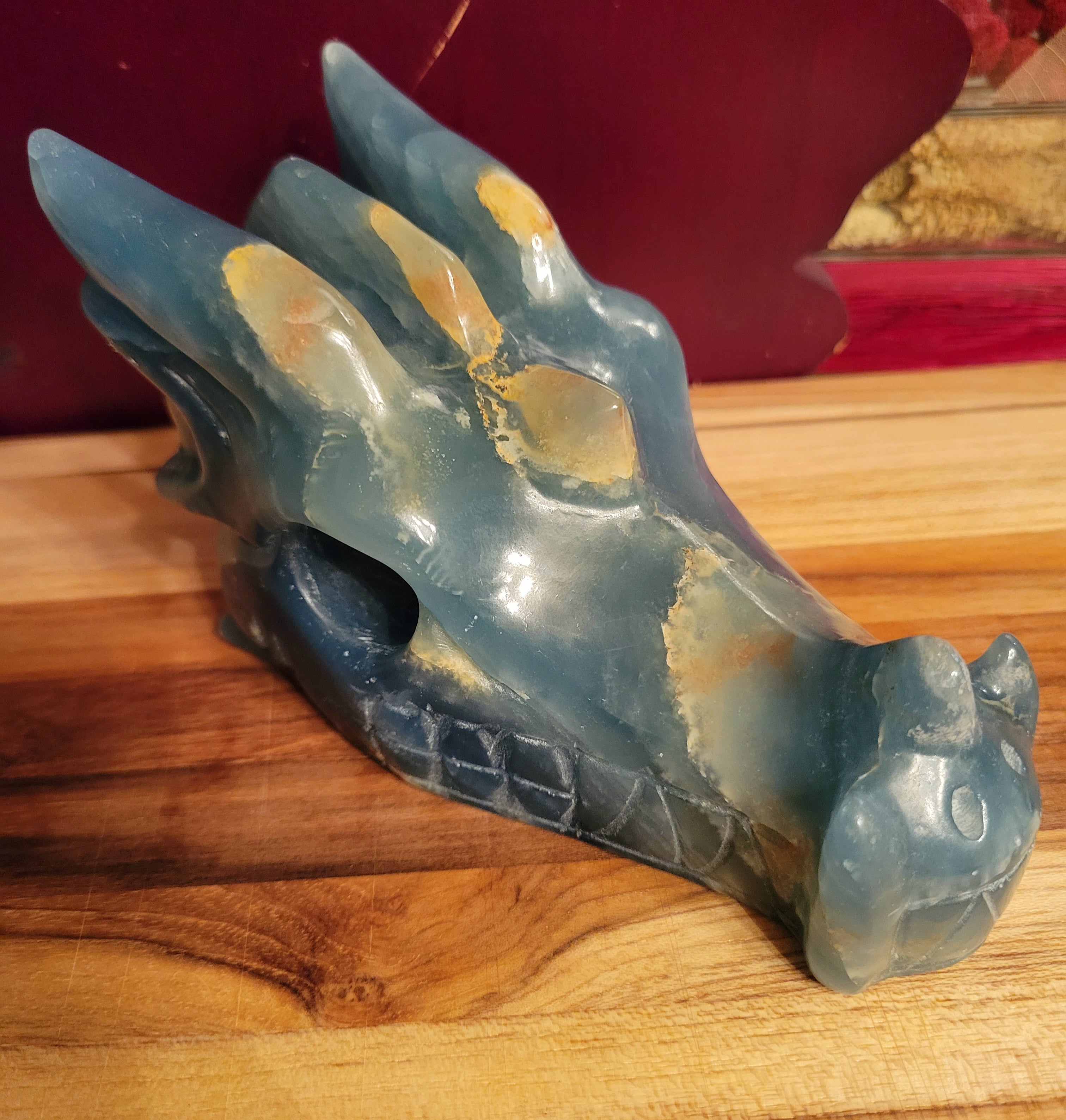 Blue Onyx Large Dragon Head, Fire Dragon, Flying Dragon, Crystal Carving With Beautiful Banding, Stunning!