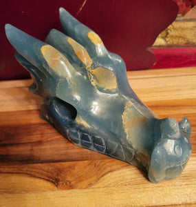 Blue Onyx Large Dragon Head, Fire Dragon, Flying Dragon, Crystal Carving With Beautiful Banding, Stunning!