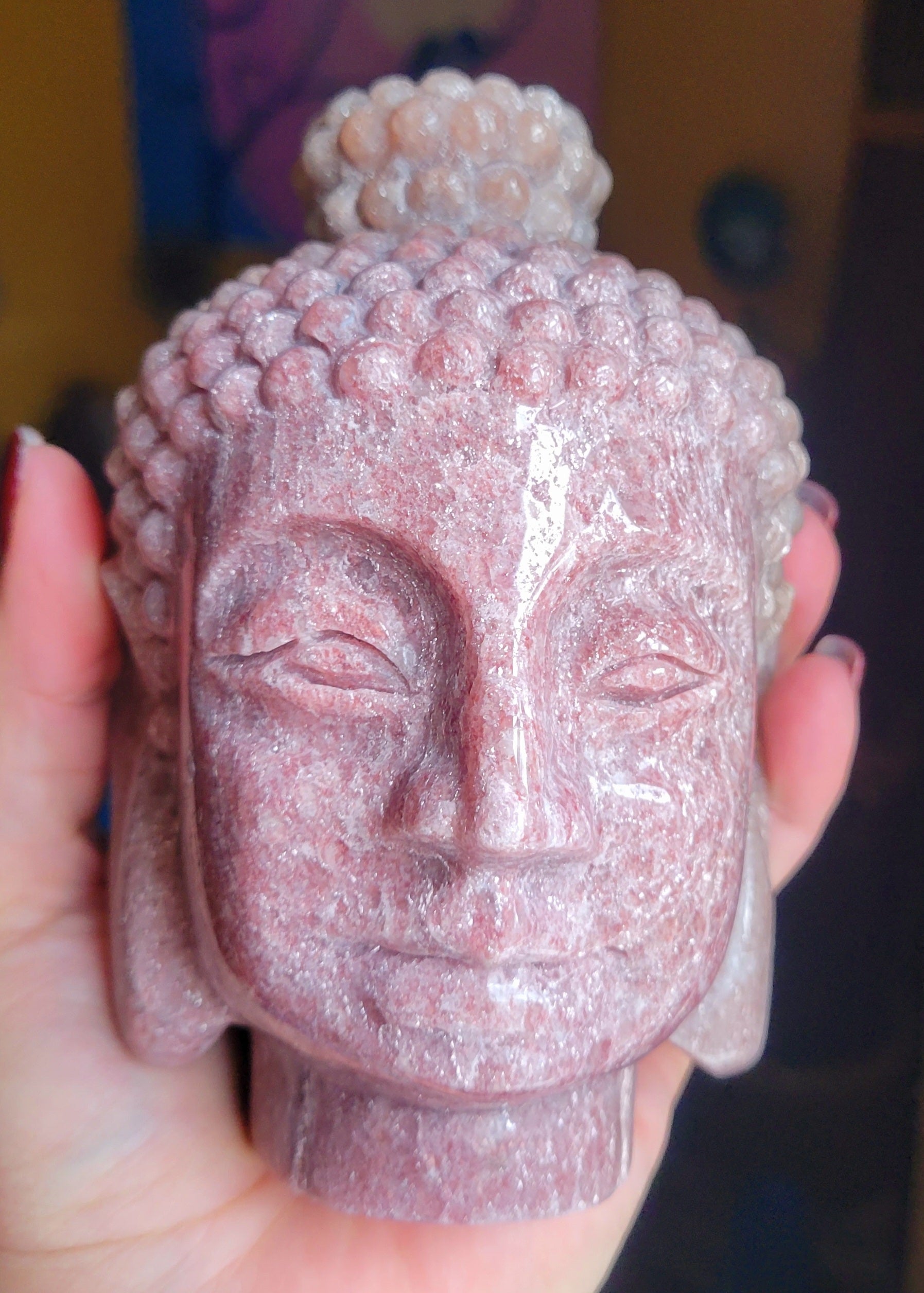 Red Strawberry Quartz Large Buddha Head Crystal Carving, Beautiful & Sparkly!