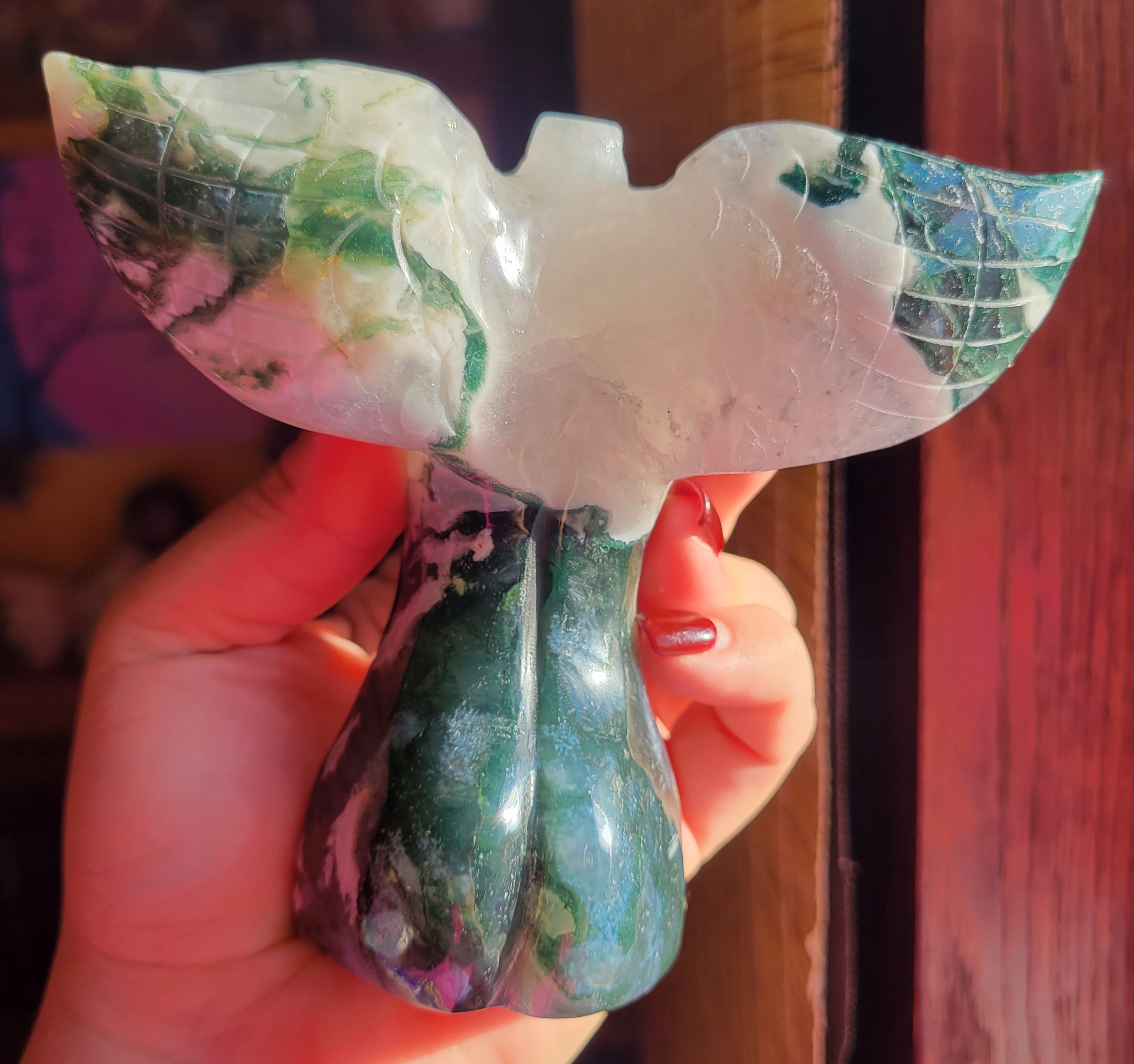 Moss Agate Fairy, Angel, Body with Wings, Woman, Goddess, Crystal Carving, With Druzy and Quartz! Stunning!