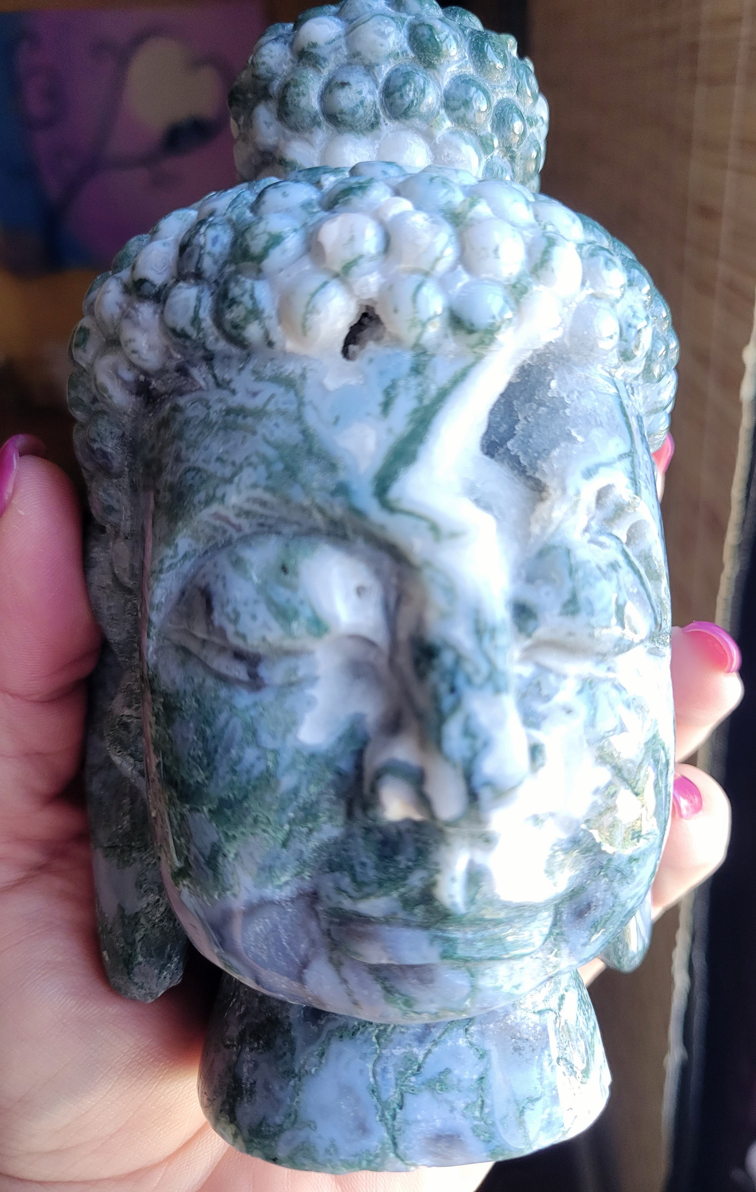 Moss Agate Big Buddha Head Crystal Carving, Stunning!