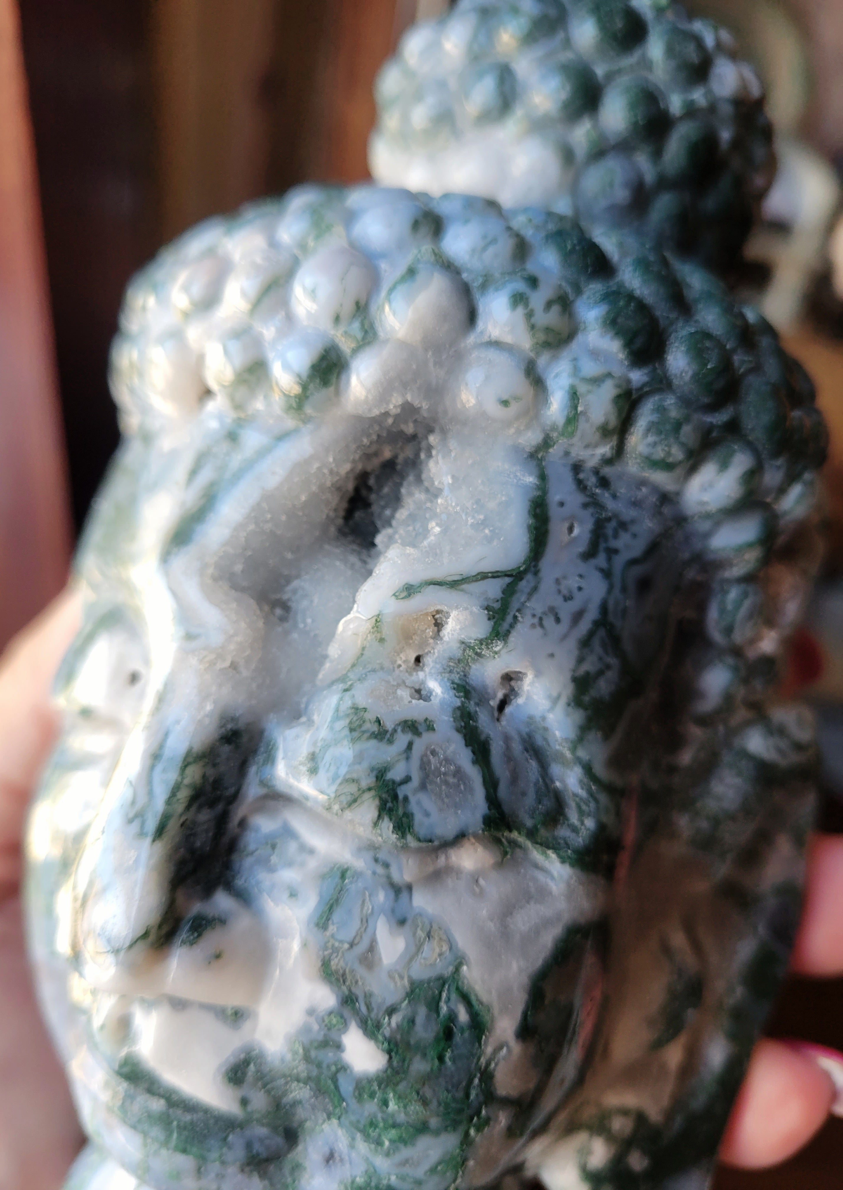 Moss Agate Big Buddha Head Crystal Carving, Stunning!