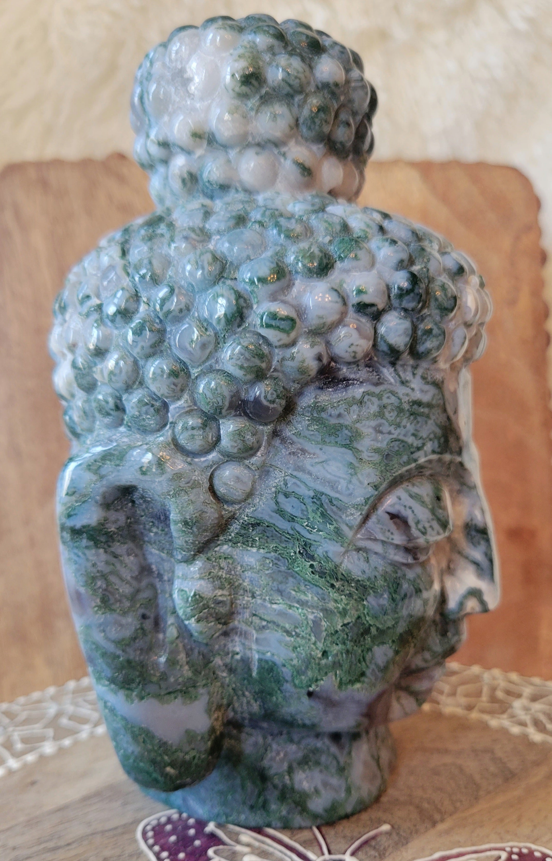 Moss Agate Big Buddha Head Crystal Carving, Stunning!