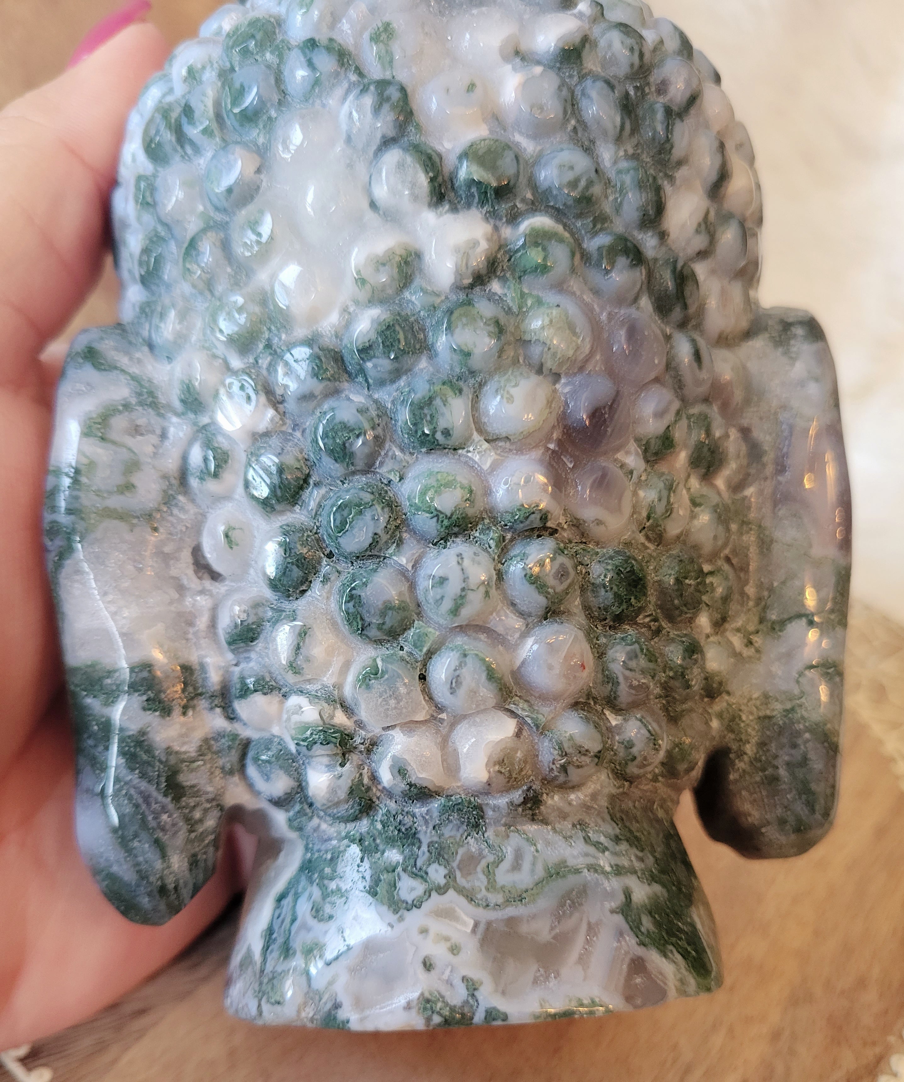 Moss Agate Big Buddha Head Crystal Carving, Stunning!