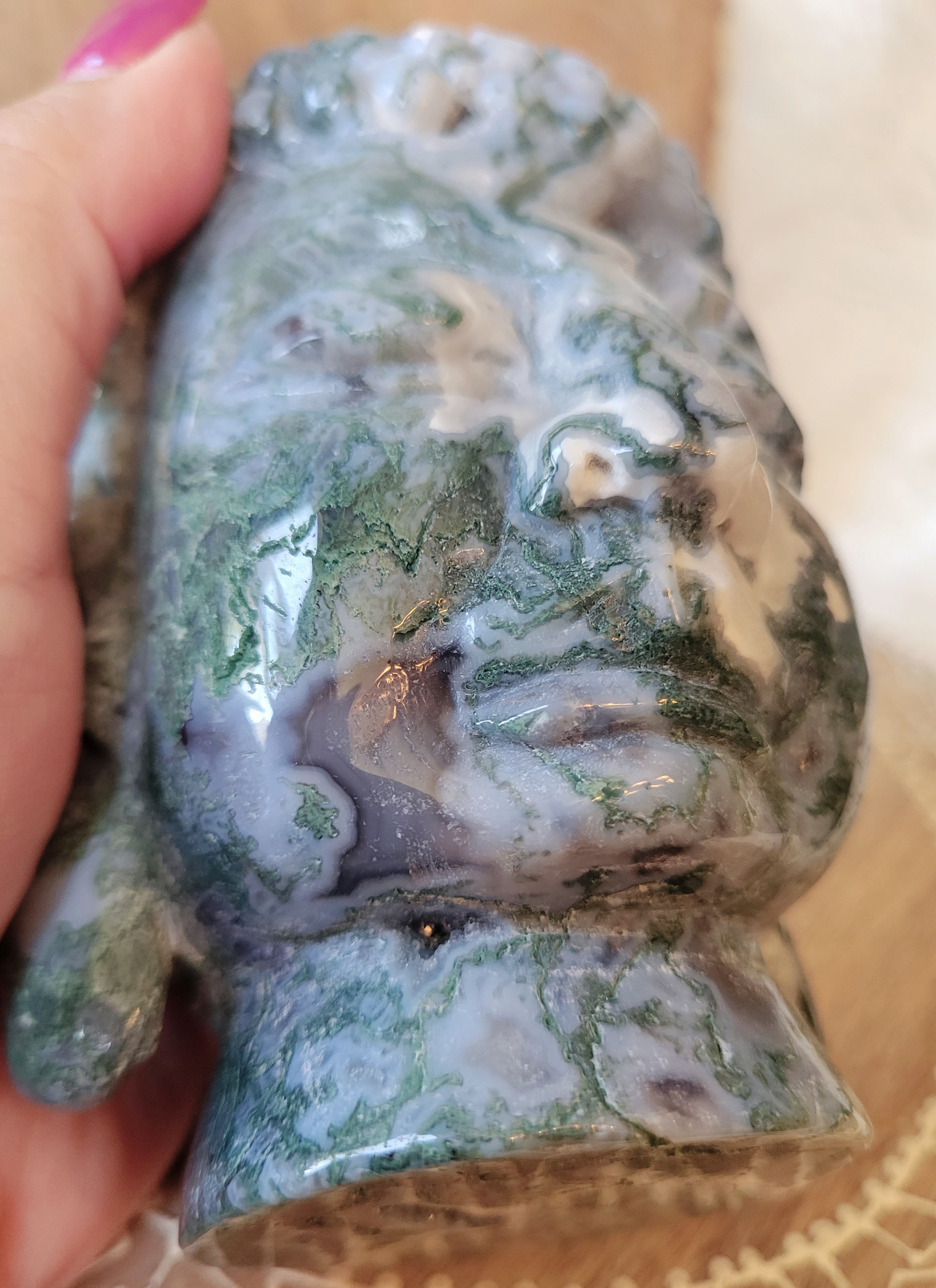 Moss Agate Big Buddha Head Crystal Carving, Stunning!