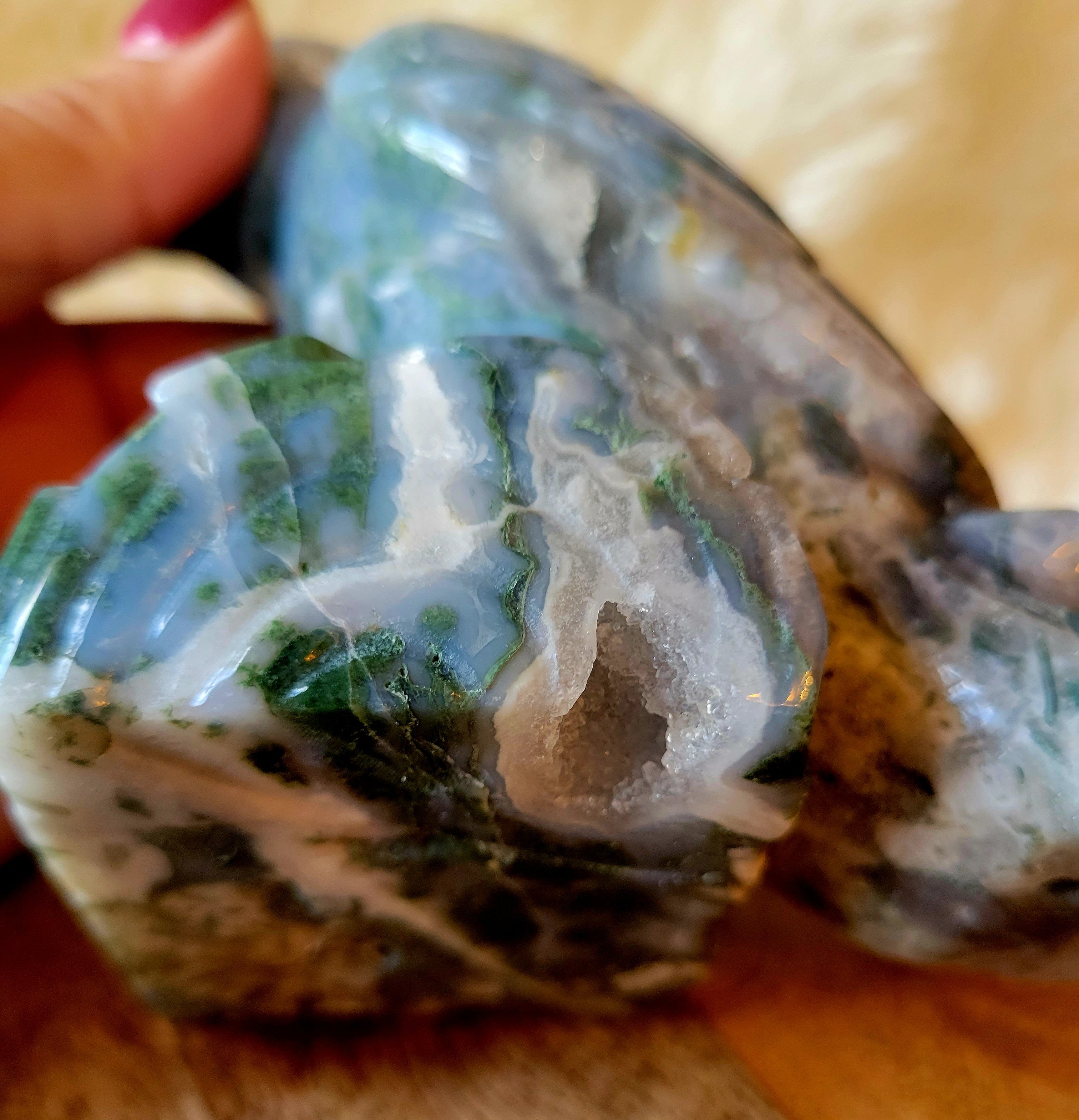 Druzy Moss Agate Raven, Crow, Crystal Carving, Stunning!