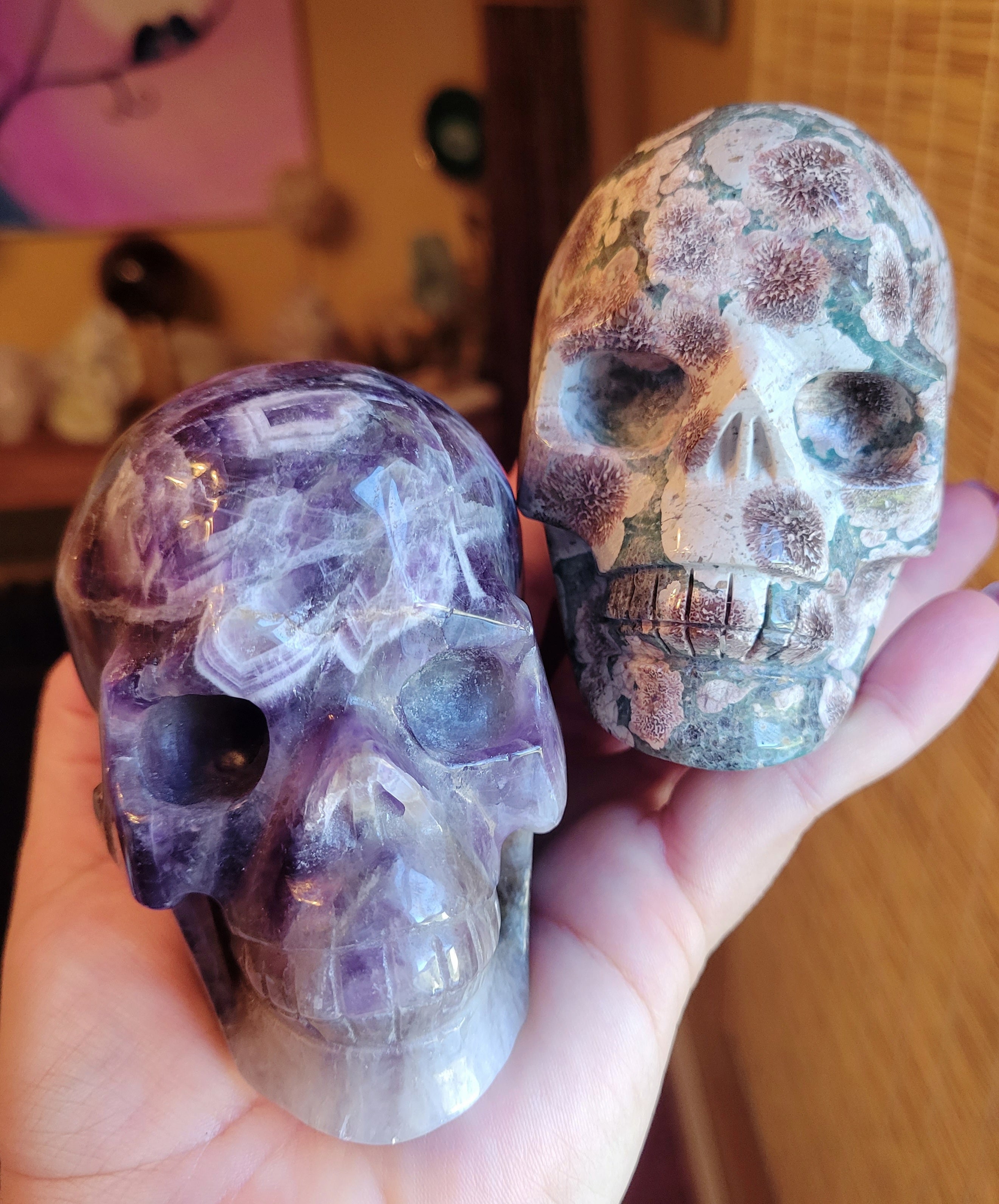 Russian Flower Agate & Dream Amethyst Skulls, Crystal Carving, Gorgeous!