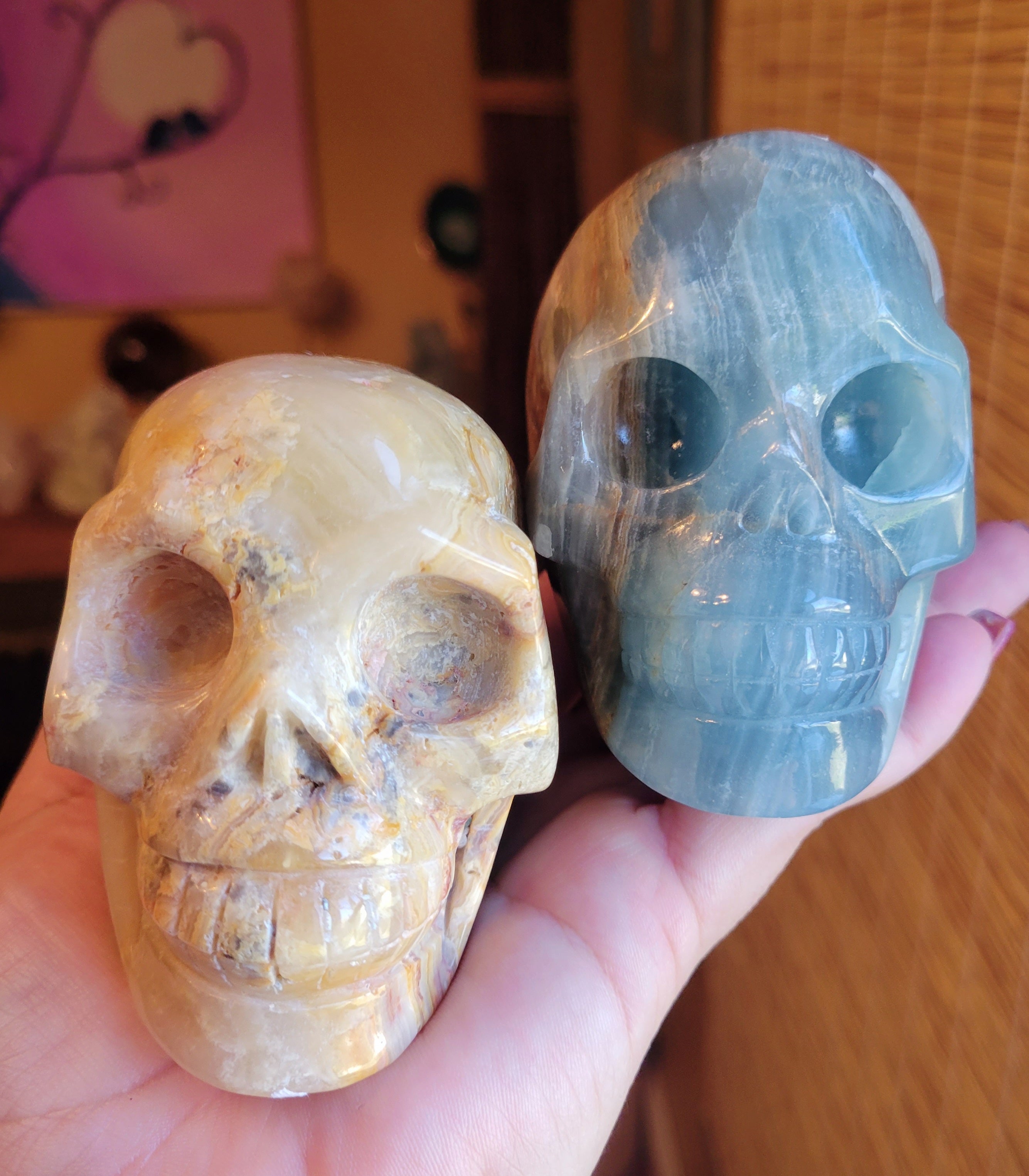 Blue Onyx & Crazy Lace Agate Skulls, Crystal Carvings, Gorgeous!