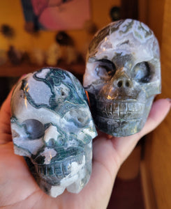 Druzy Moss Agate Skulls, Crystal Carvings, Stunning!