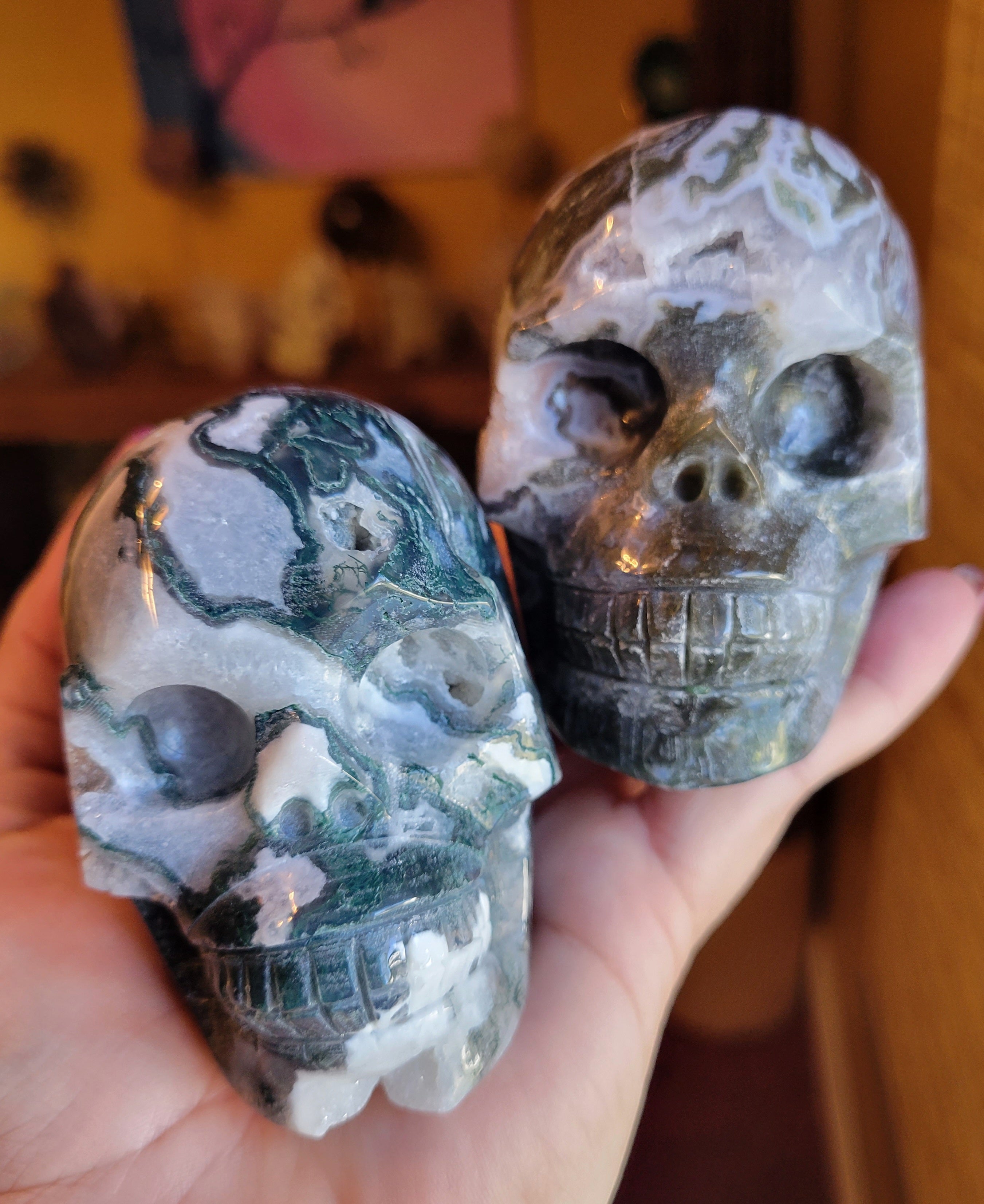 Red Strawberry & Labradorite Skulls, Crystal Carvings, Gorgeous!