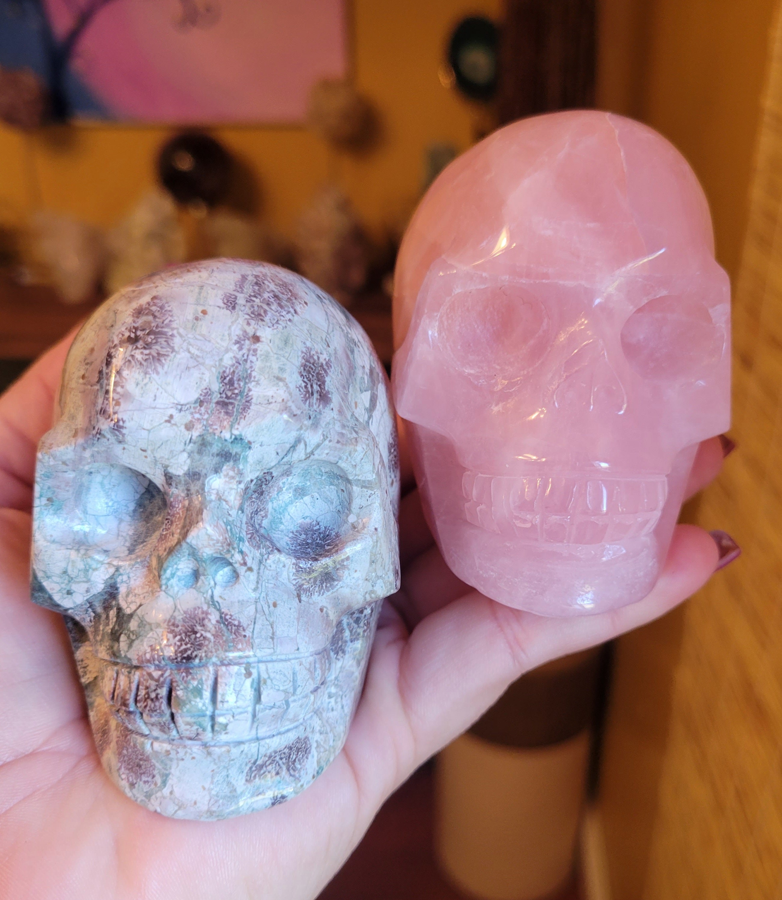 Rose Quartz & Russian Flower Agate Skulls, Crystal Carvings, Beautiful!