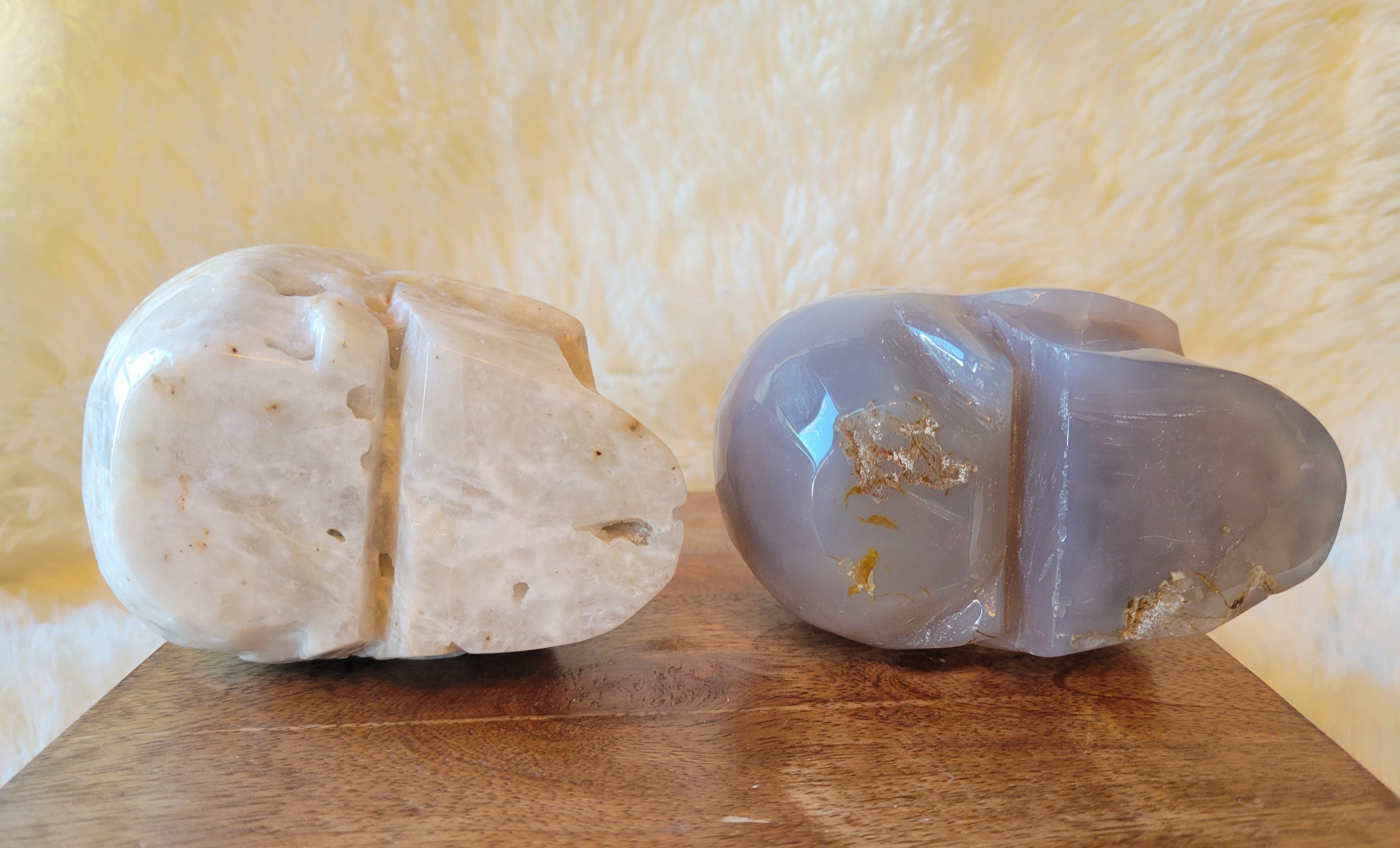 Druzy White Sphalerite & Flower Agate Skulls, Crystal Carvings, Stunning!