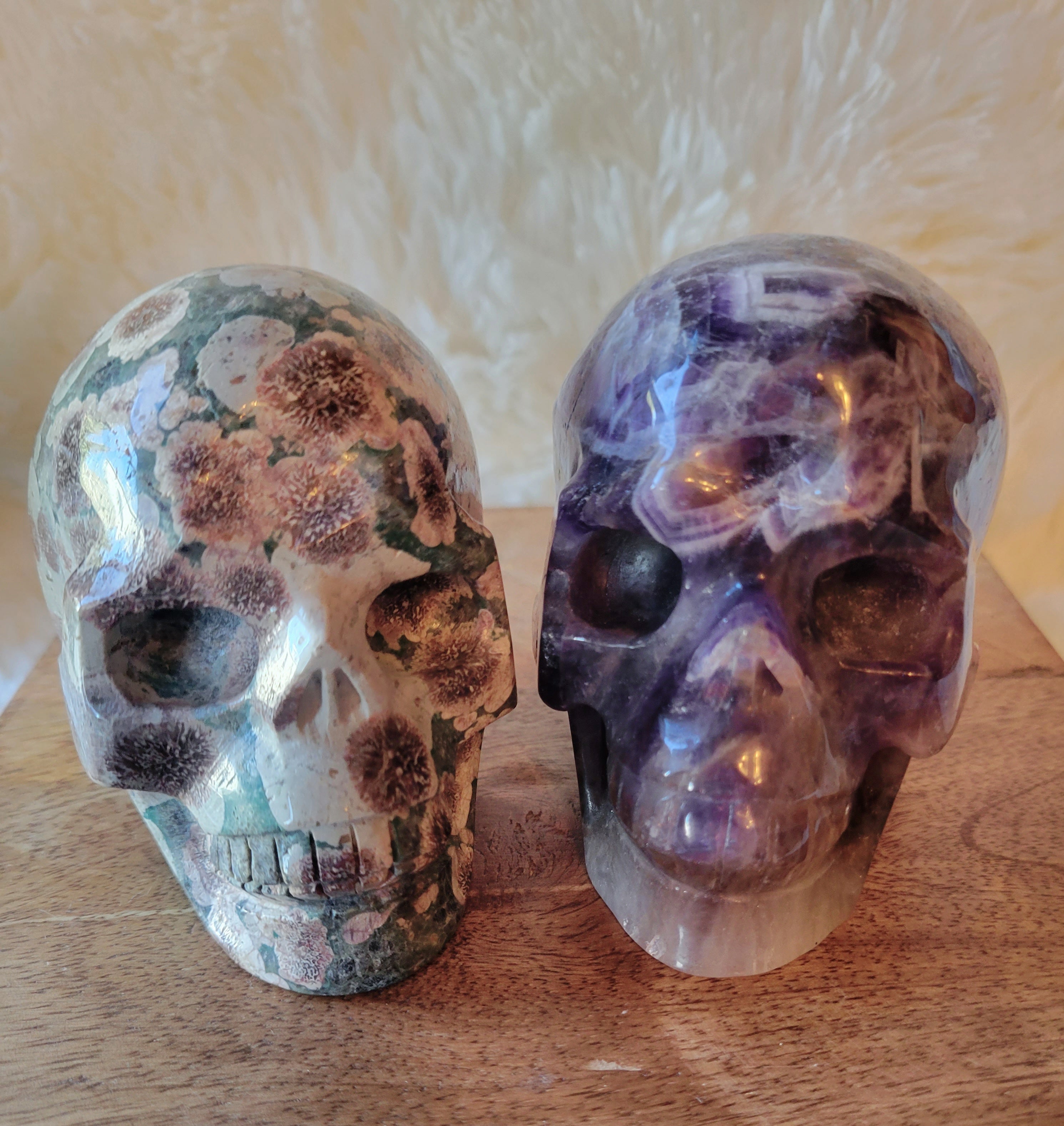 Russian Flower Agate & Dream Amethyst Skulls, Crystal Carving, Gorgeous!