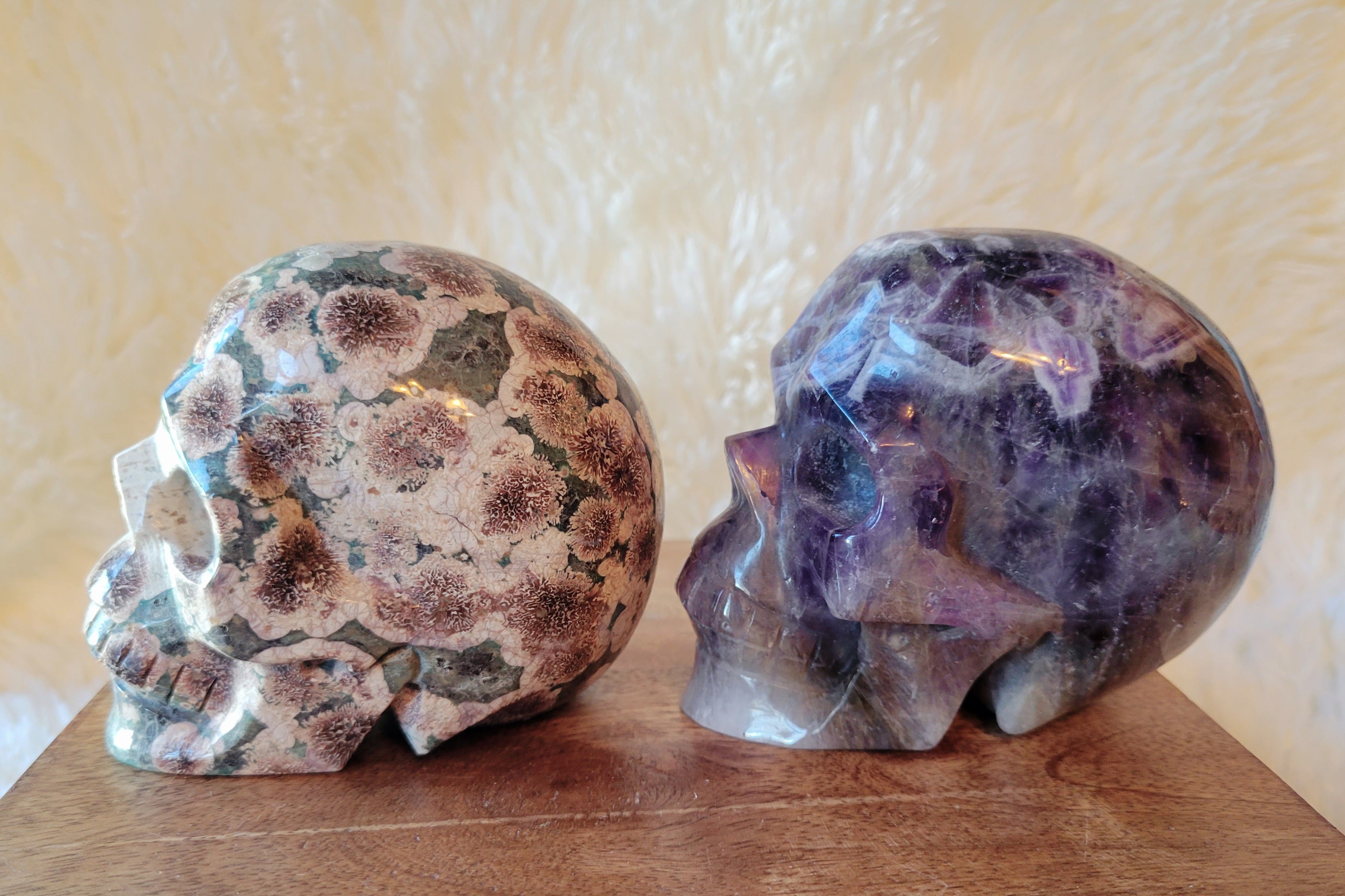 Russian Flower Agate & Dream Amethyst Skulls, Crystal Carving, Gorgeous!