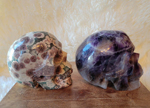 Russian Flower Agate & Dream Amethyst Skulls, Crystal Carving, Gorgeous!