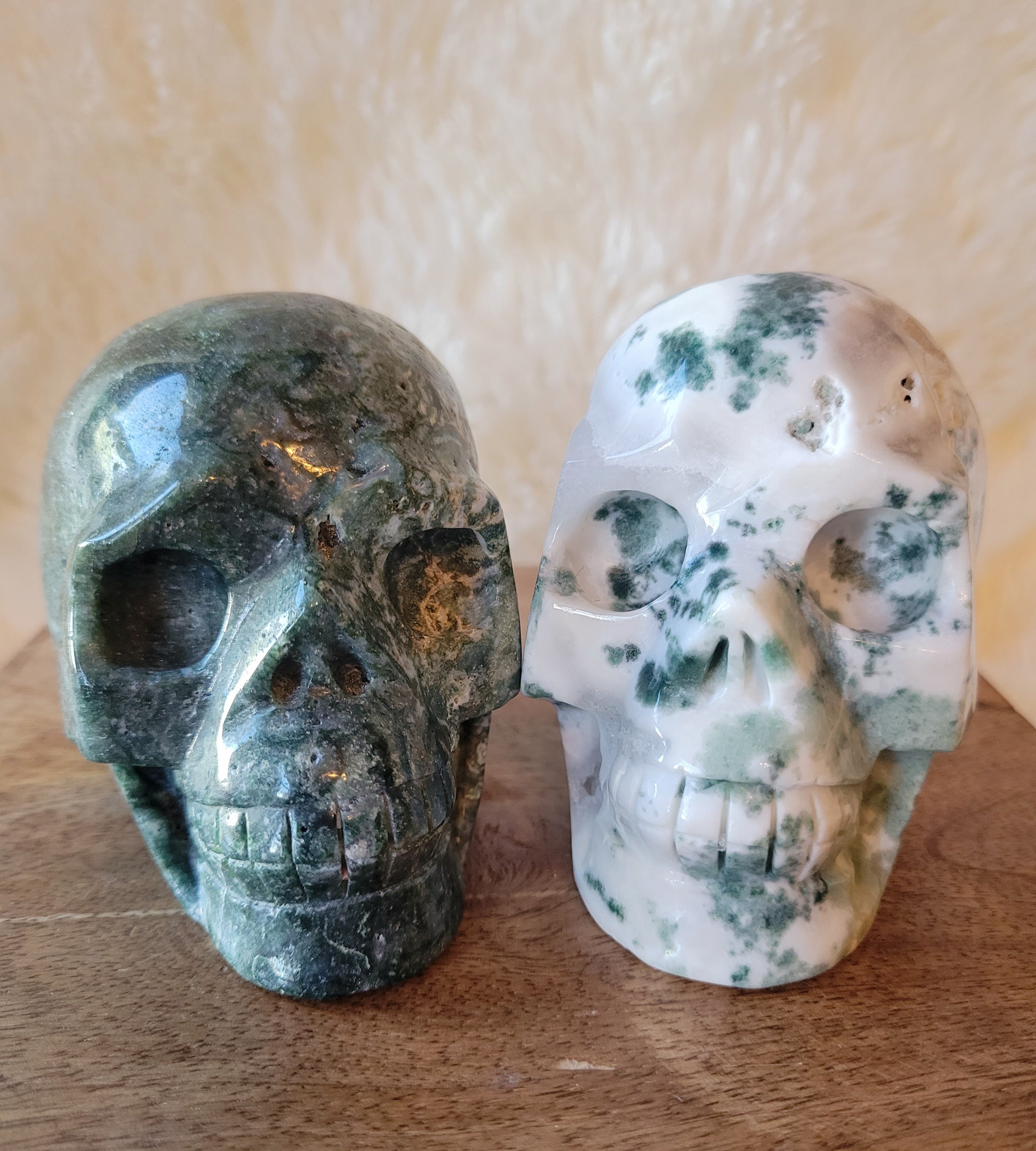 Moss Agate & Tree Agate Skulls, Crystal Carvings, Stunning!