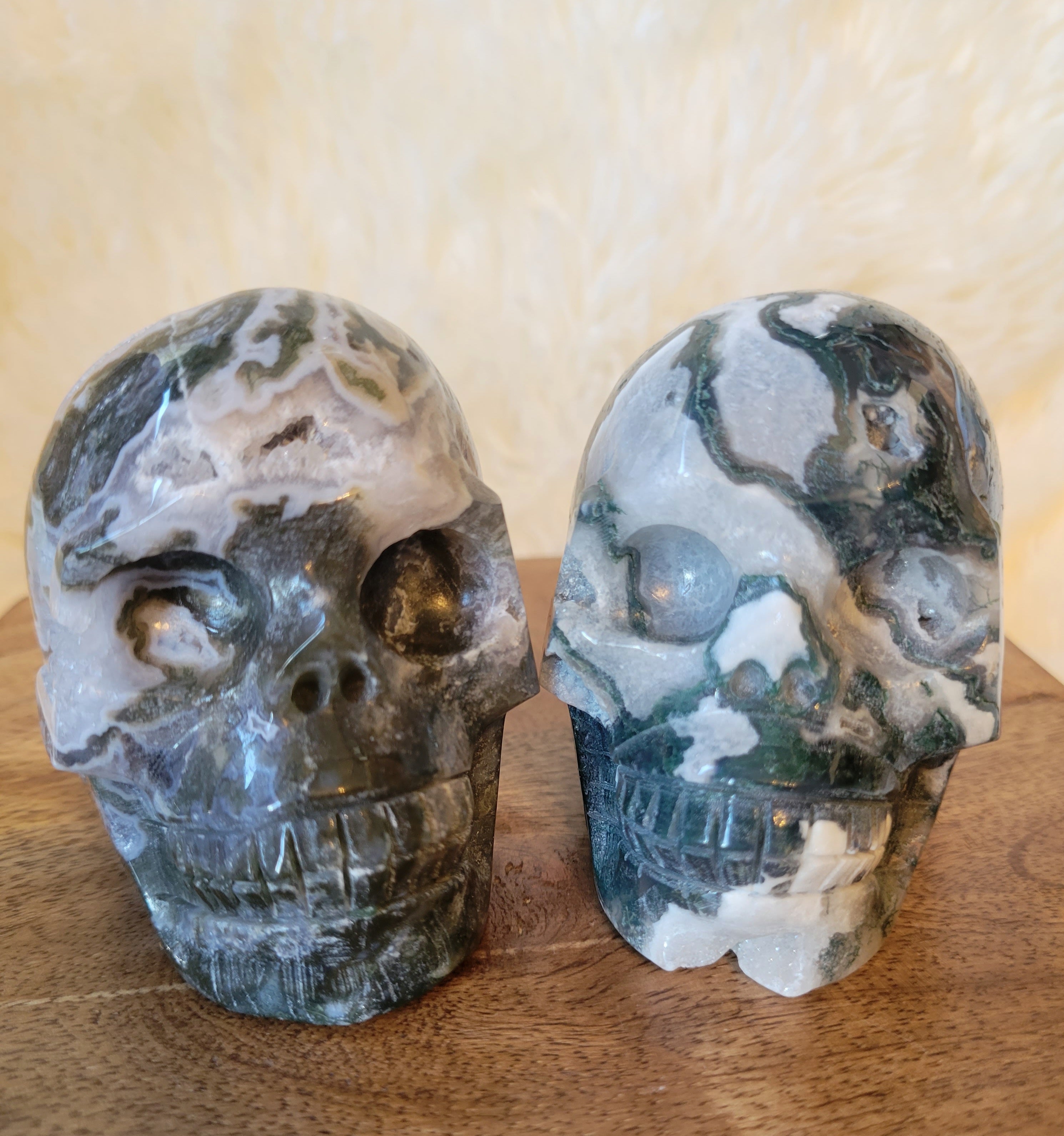 Druzy Moss Agate Skulls, Crystal Carvings, Stunning!