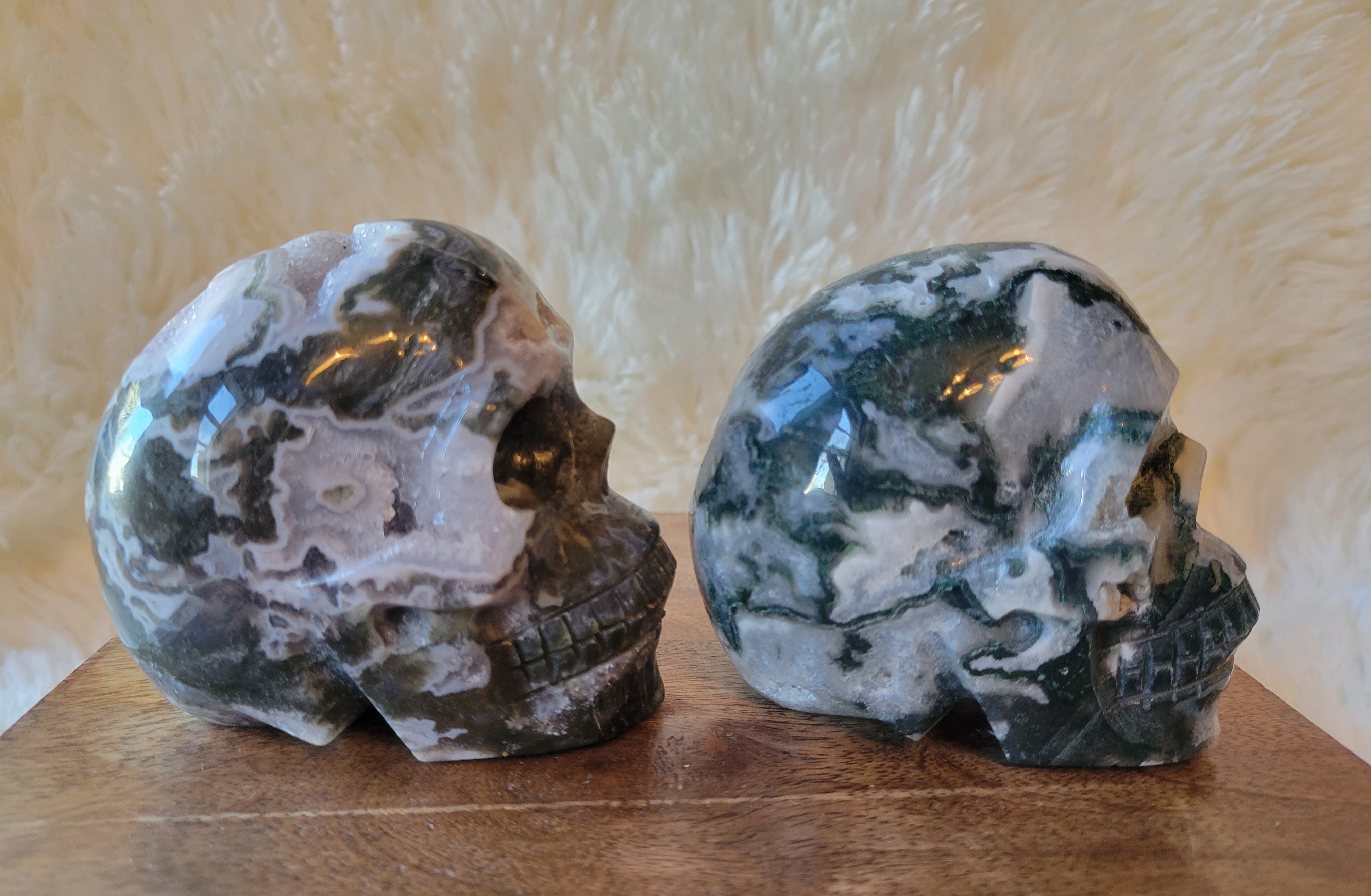 Druzy Moss Agate Skulls, Crystal Carvings, Stunning!