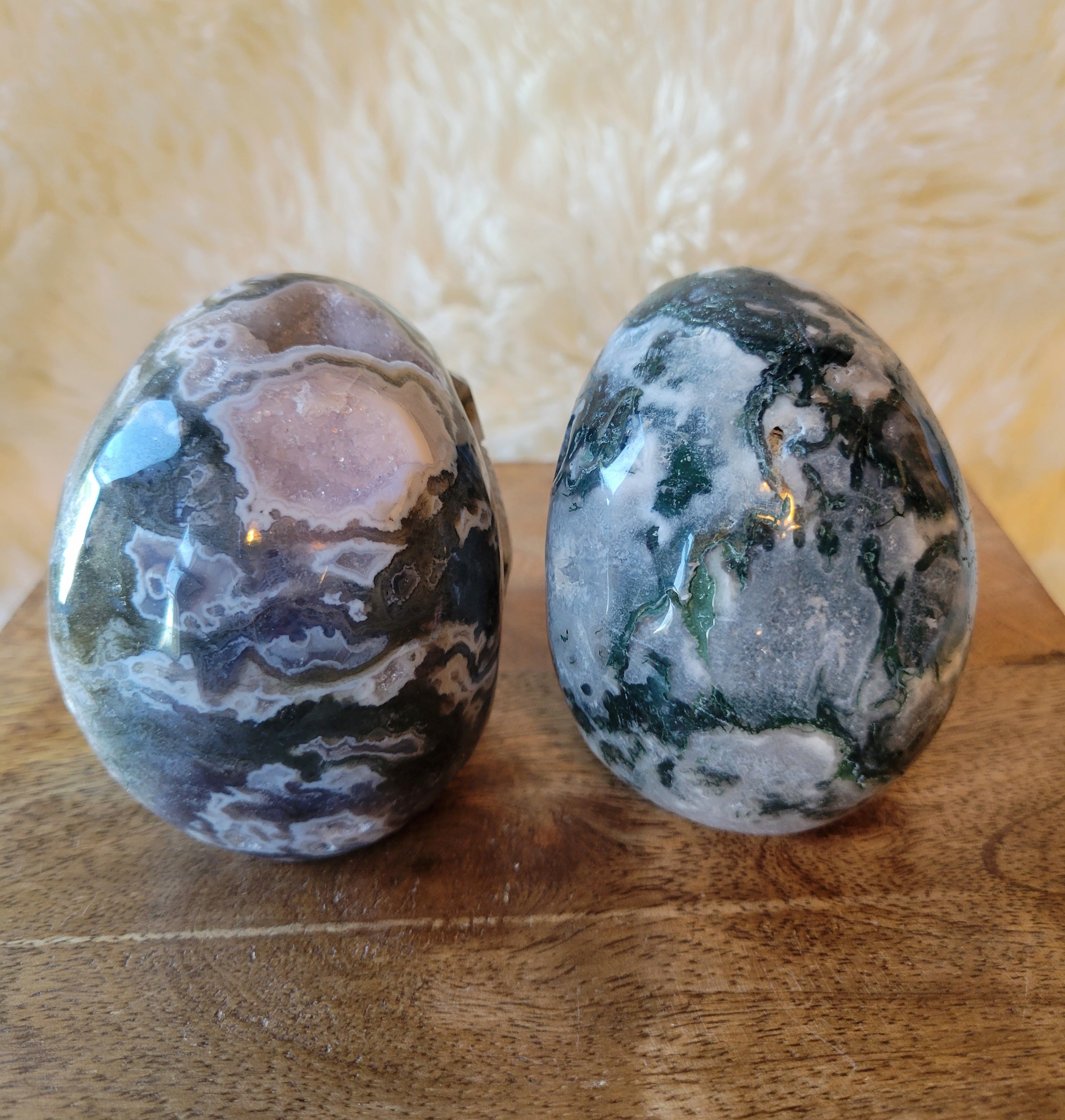 Druzy Moss Agate Skulls, Crystal Carvings, Stunning!