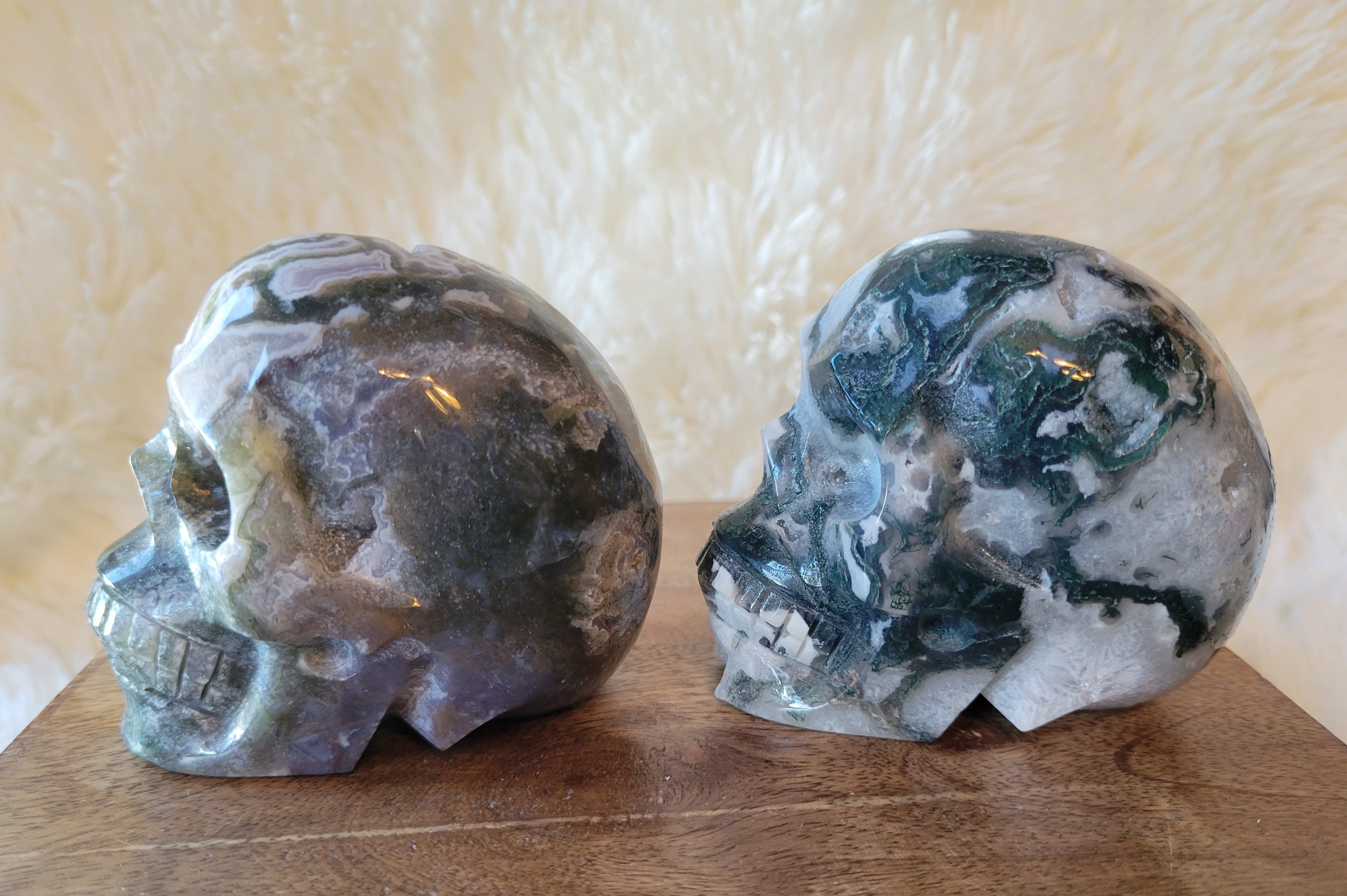 Druzy Moss Agate Skulls, Crystal Carvings, Stunning!