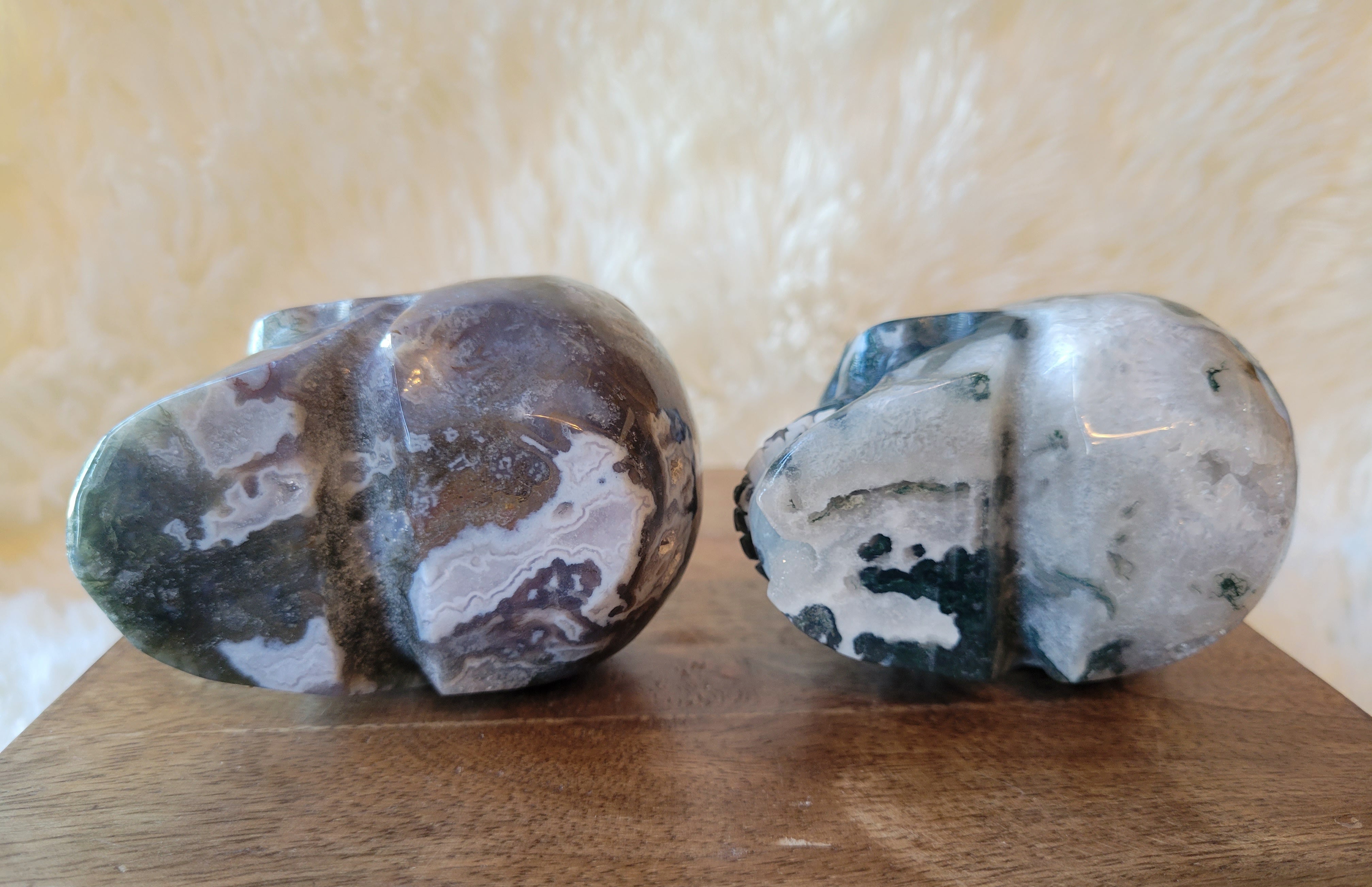 Druzy Moss Agate Skulls, Crystal Carvings, Stunning!