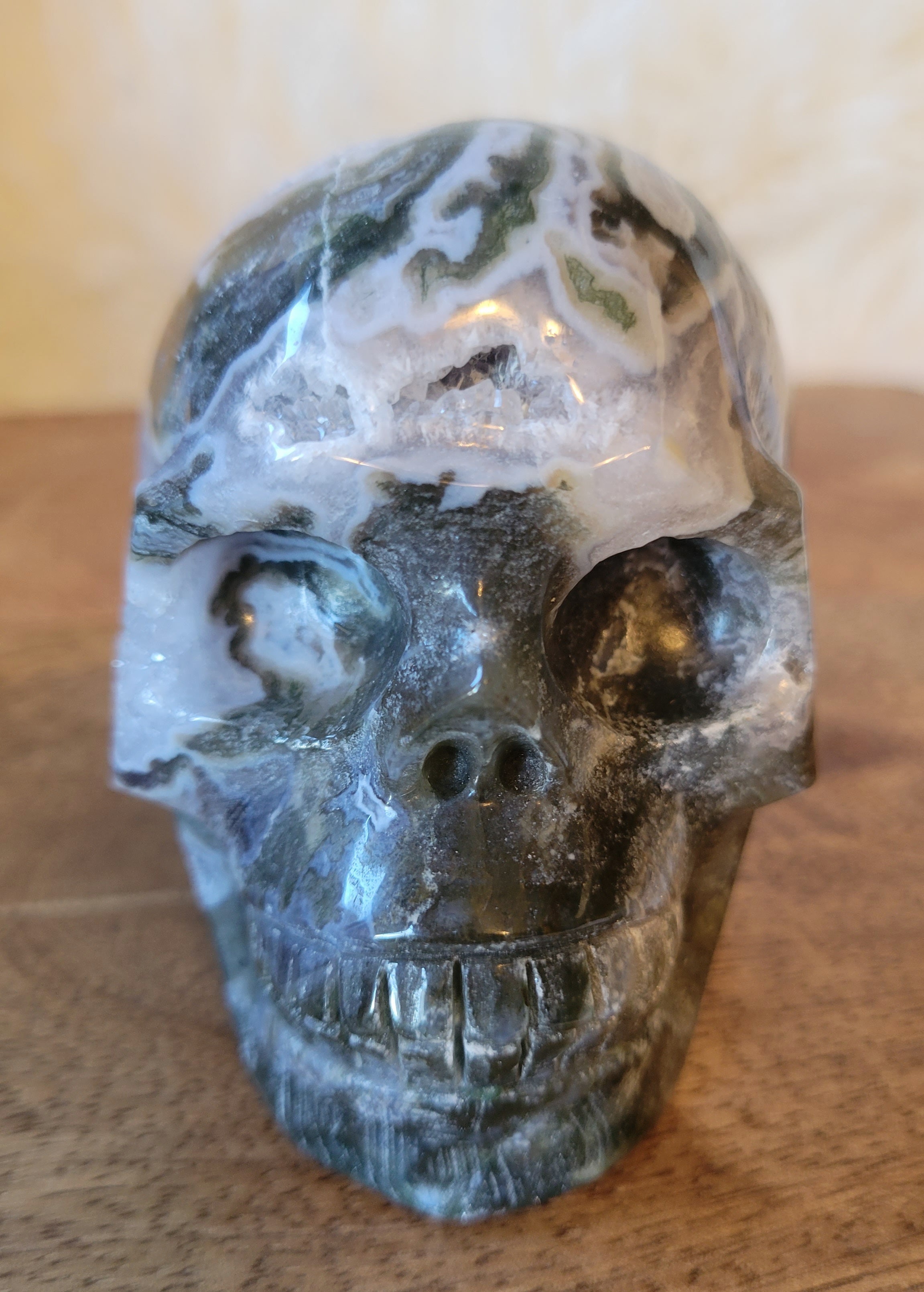 Druzy Moss Agate Skulls, Crystal Carvings, Stunning!