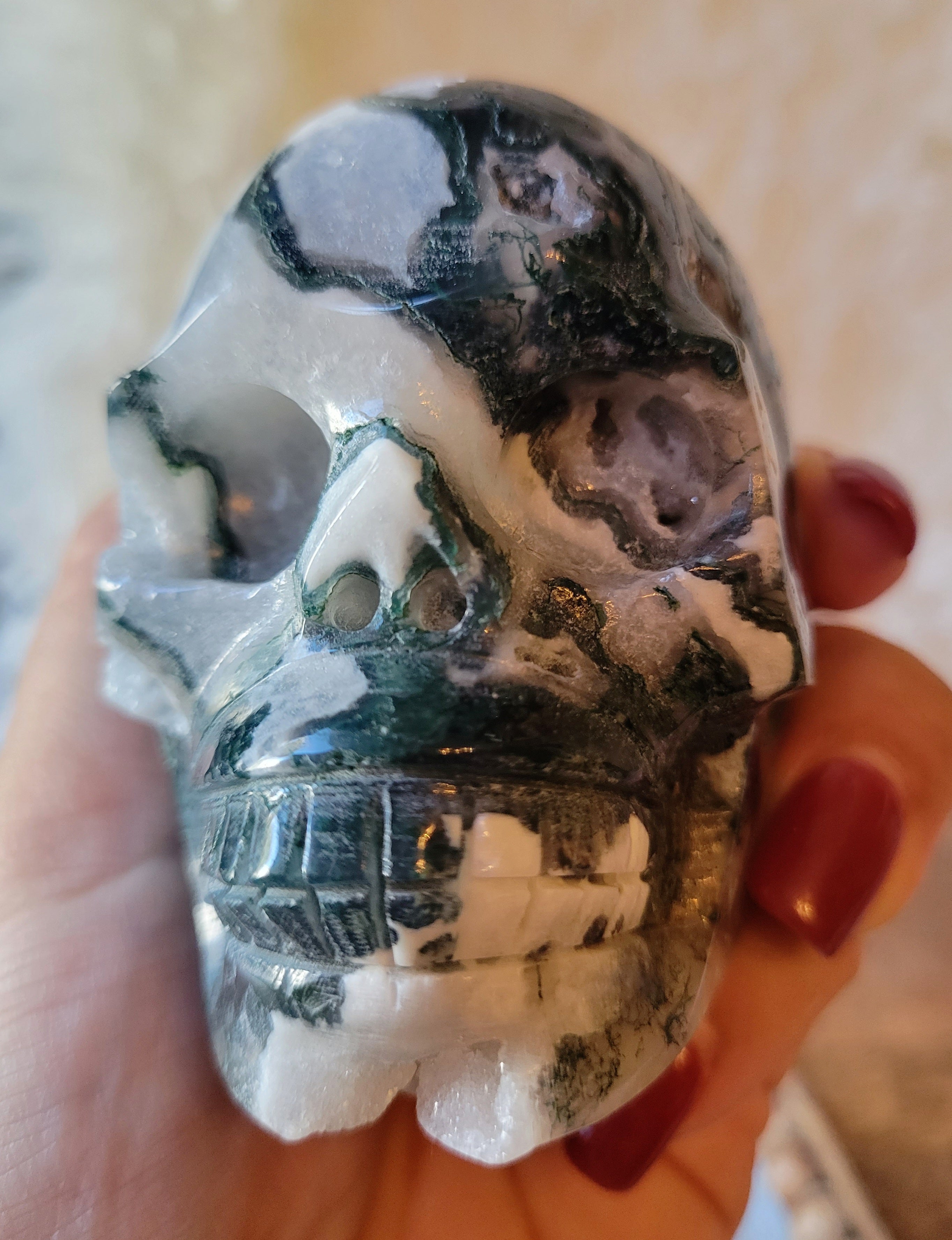 Druzy Moss Agate Skulls, Crystal Carvings, Stunning!