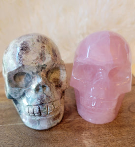 Rose Quartz & Russian Flower Agate Skulls, Crystal Carvings, Beautiful!