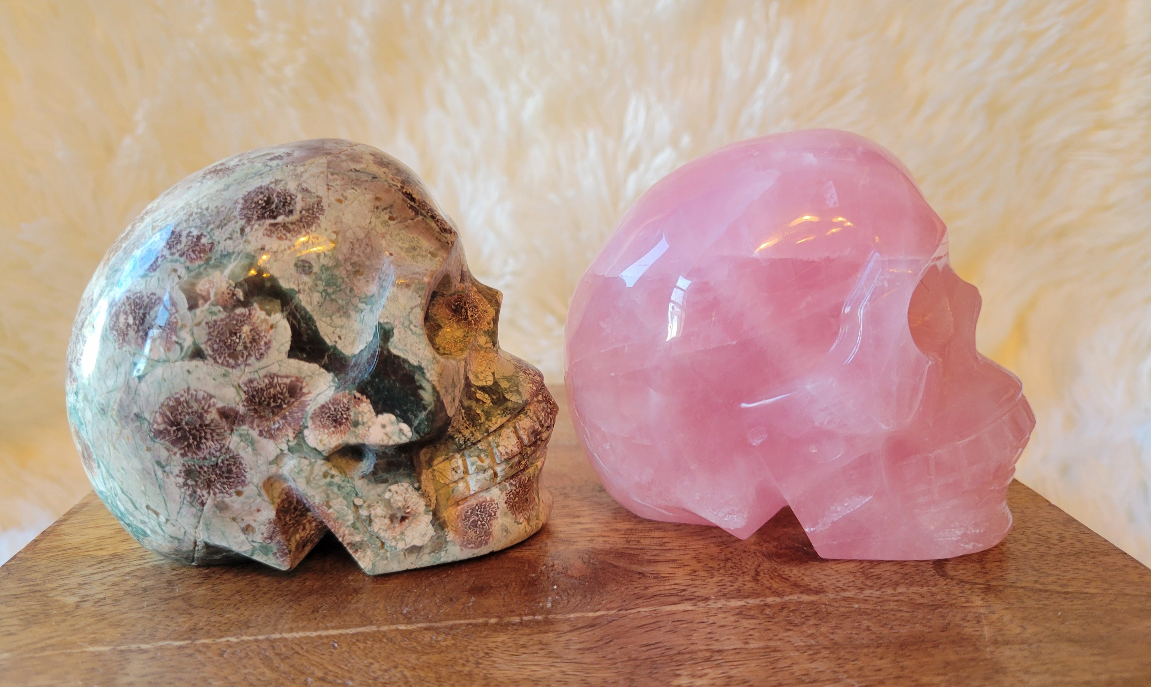 Rose Quartz & Russian Flower Agate Skulls, Crystal Carvings, Beautiful!